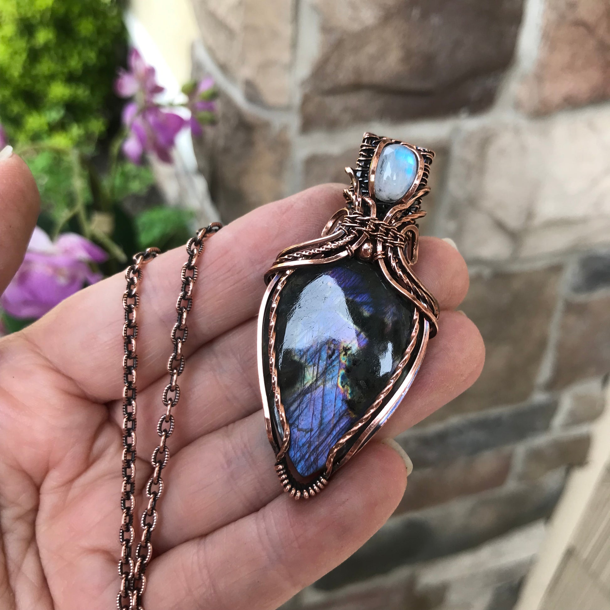 Purple Labradorite & Moonstone Copper Necklace with Woven Bail