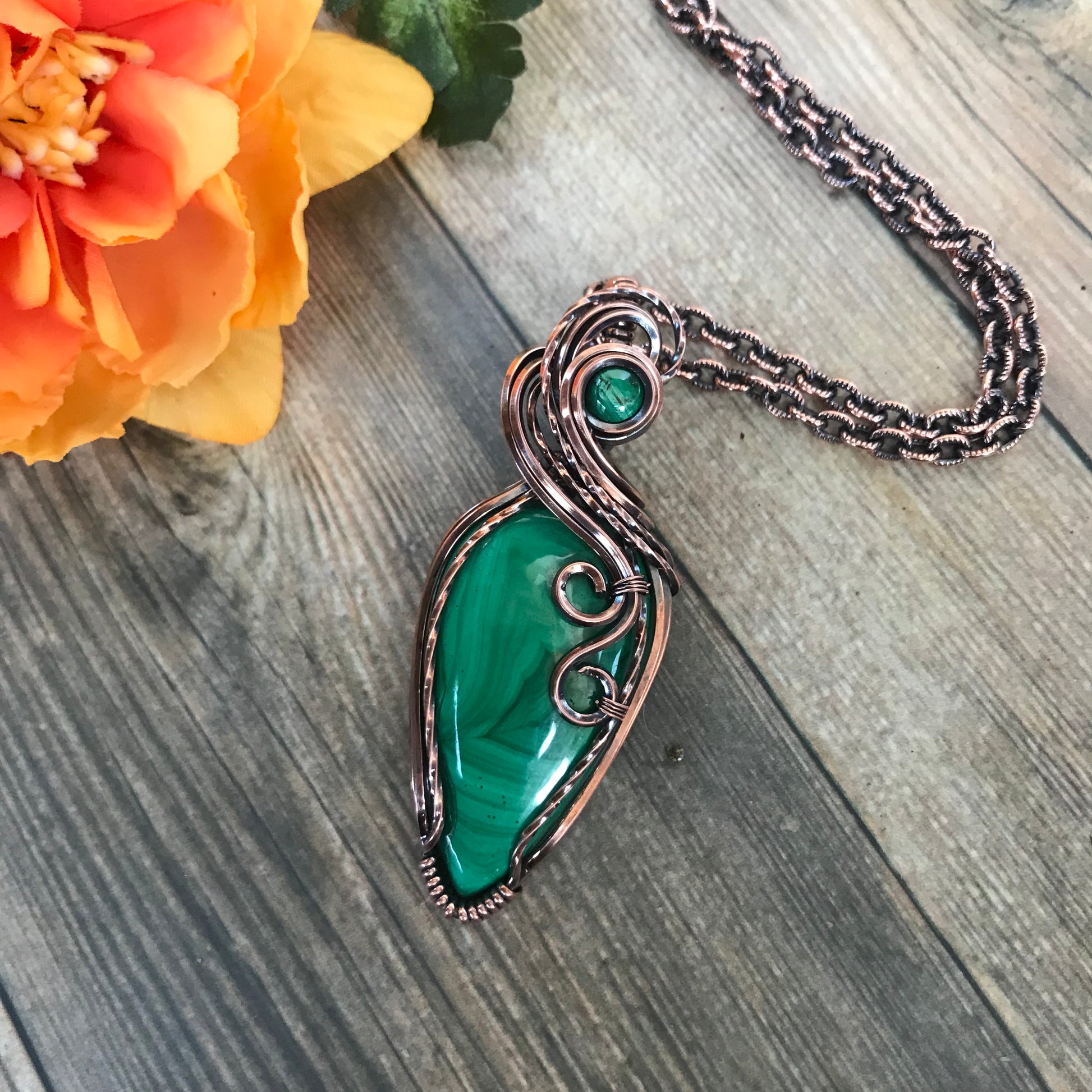 Malachite w/ Malachite Accent Slender Copper Necklace