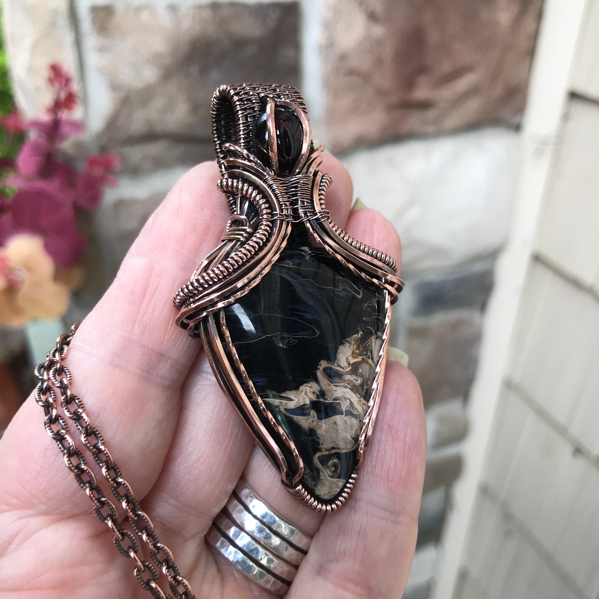 Petrified Palm Wood & Garnet Copper Pendant with Weaving
