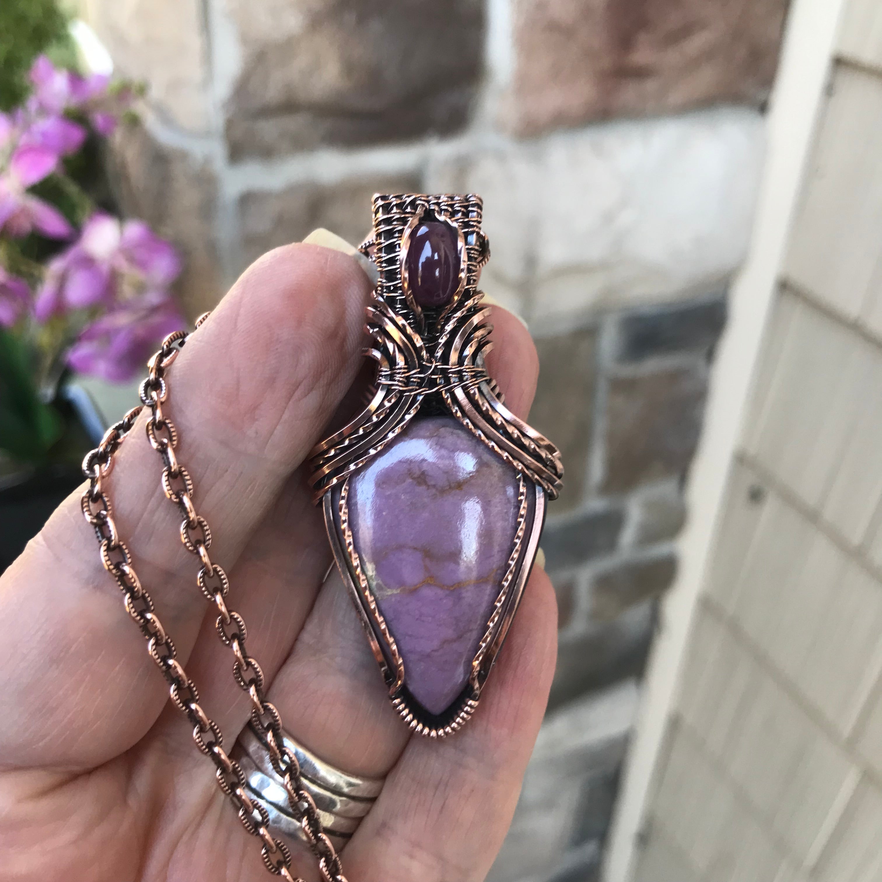Phosphosiderite & Ruby Copper Pendant with Weaving