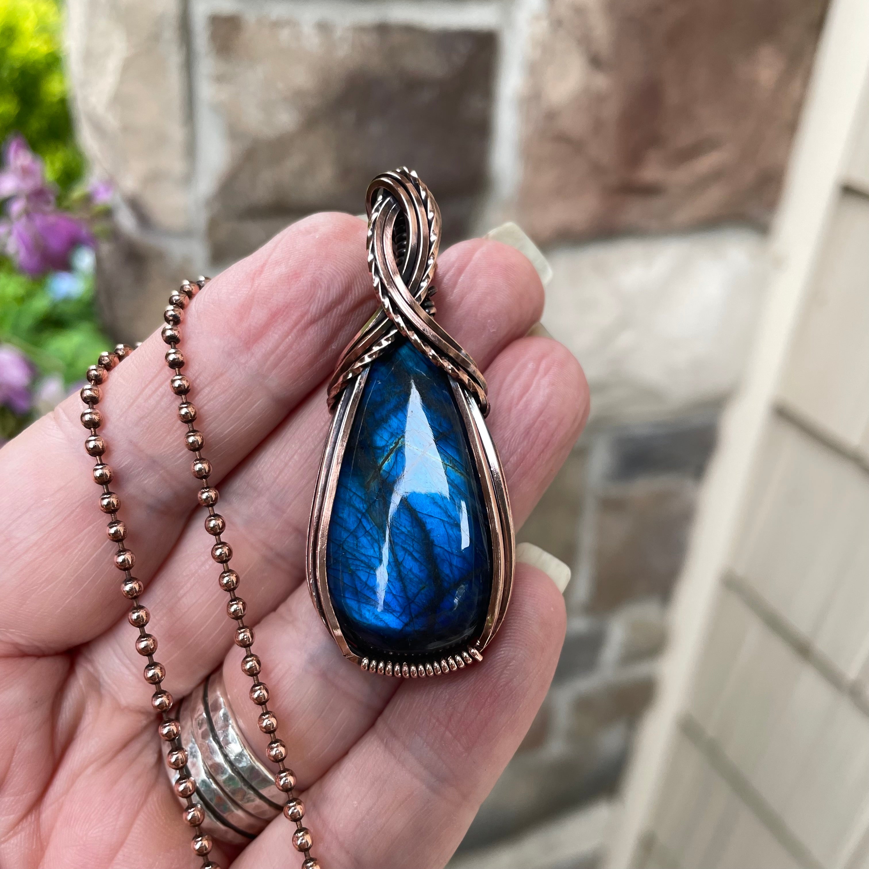 Blue Labradorite Criss Cross Copper Pendant