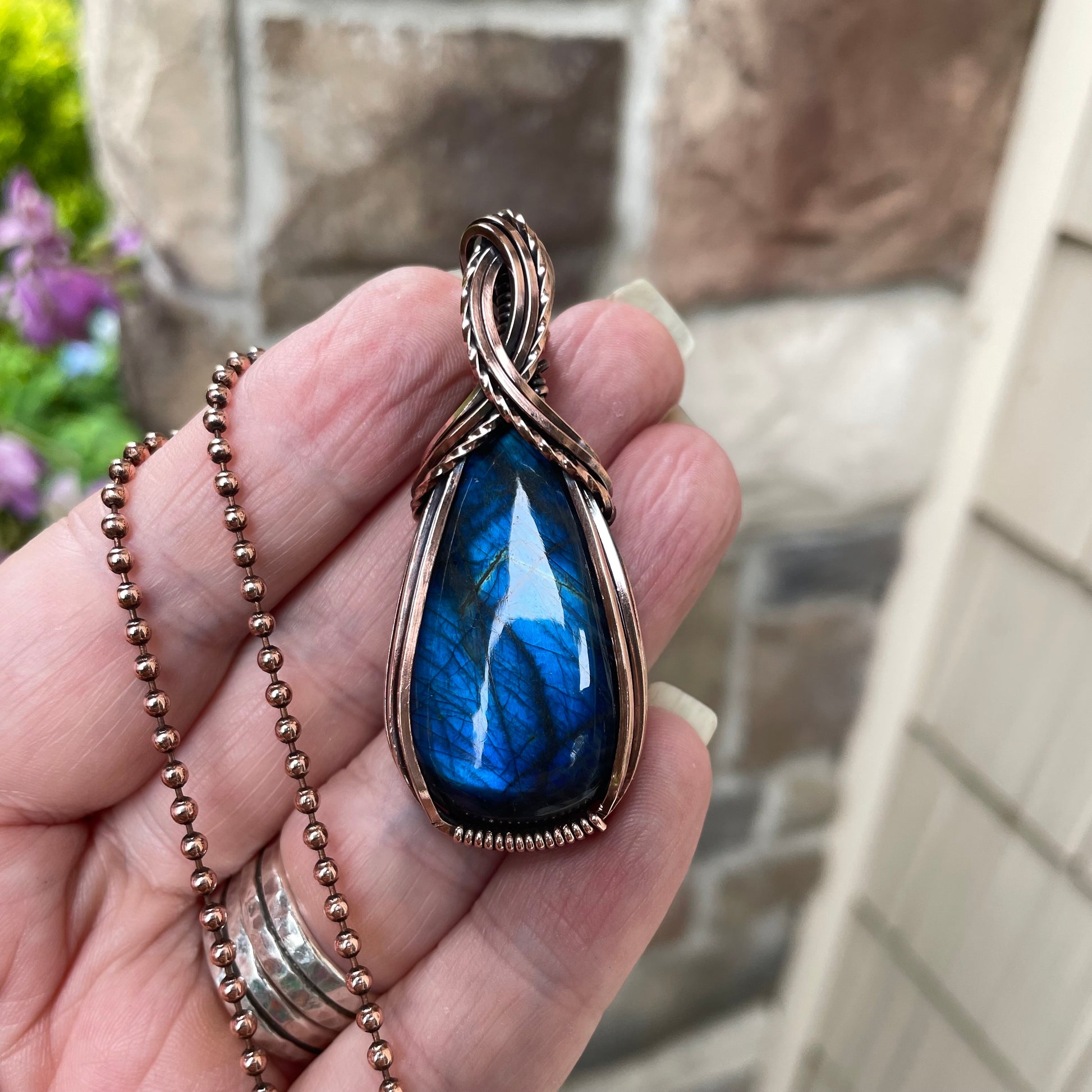 Blue Labradorite Criss Cross Copper Pendant