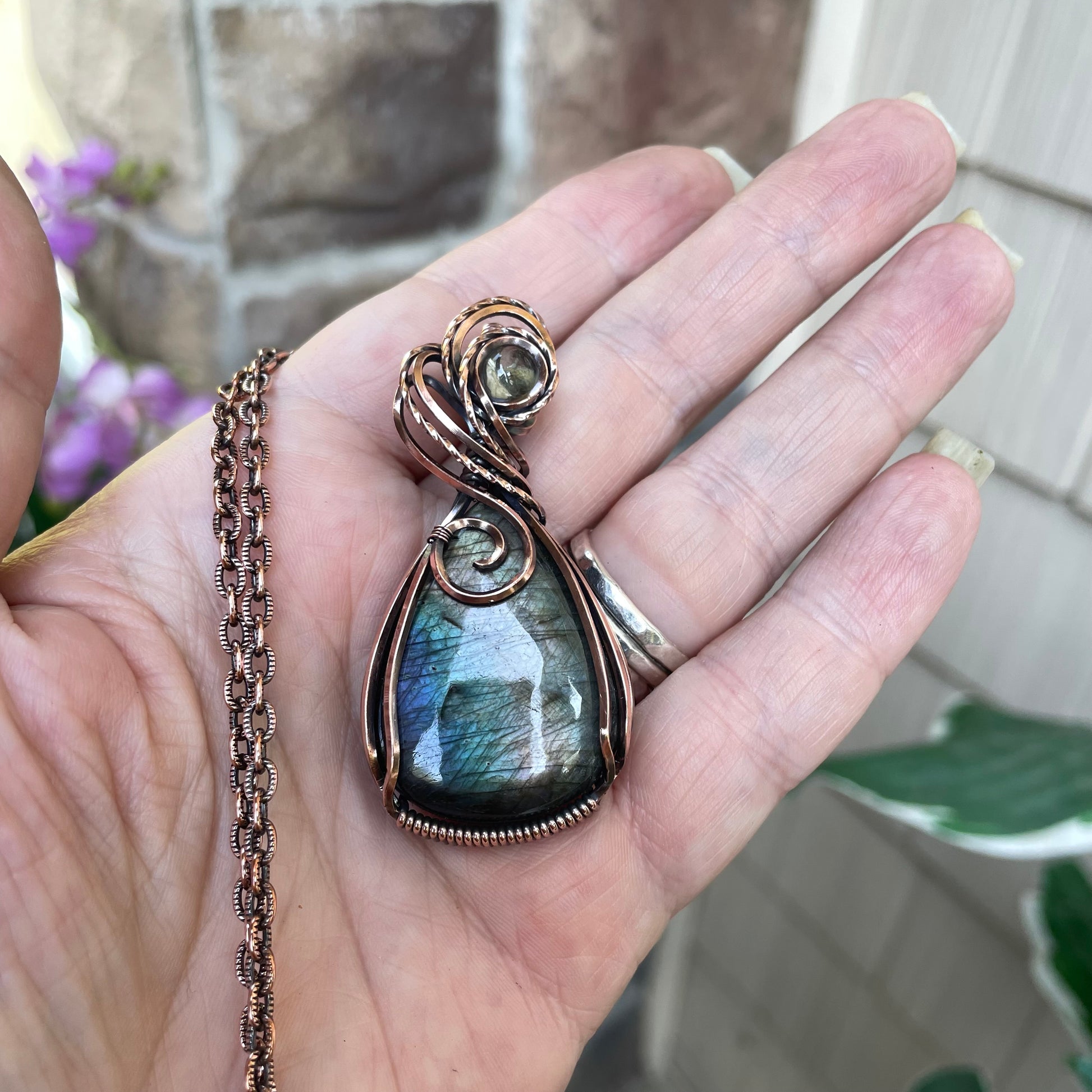 Slate Blue Green Labradorite & Prasiolite Copper Pendant