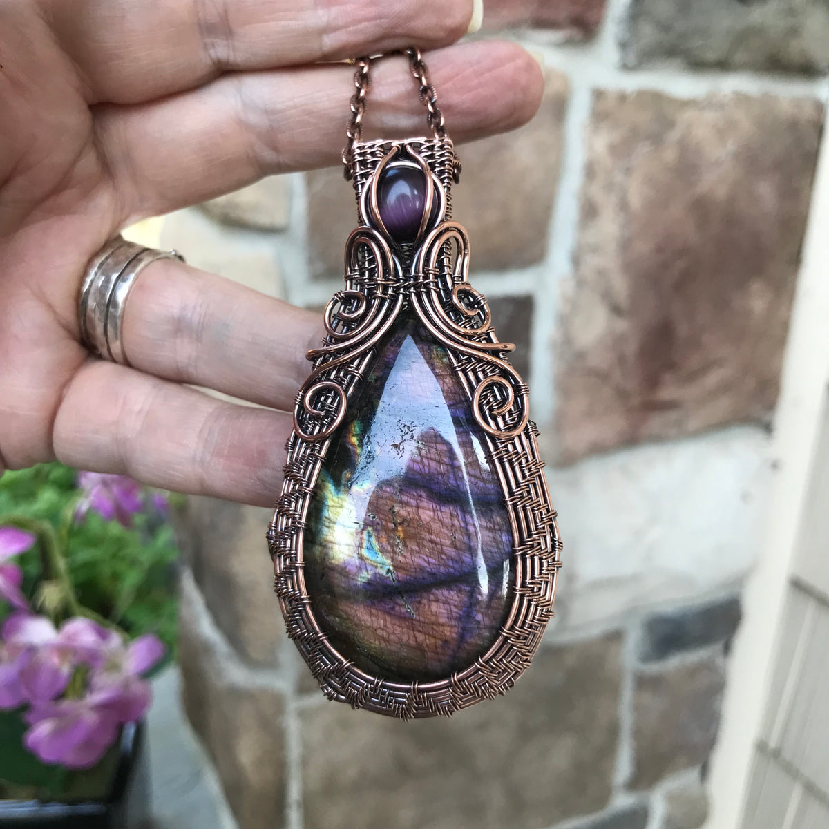 Maroon Purple Labradorite & Pink Cat's Eye Copper Woven Necklace