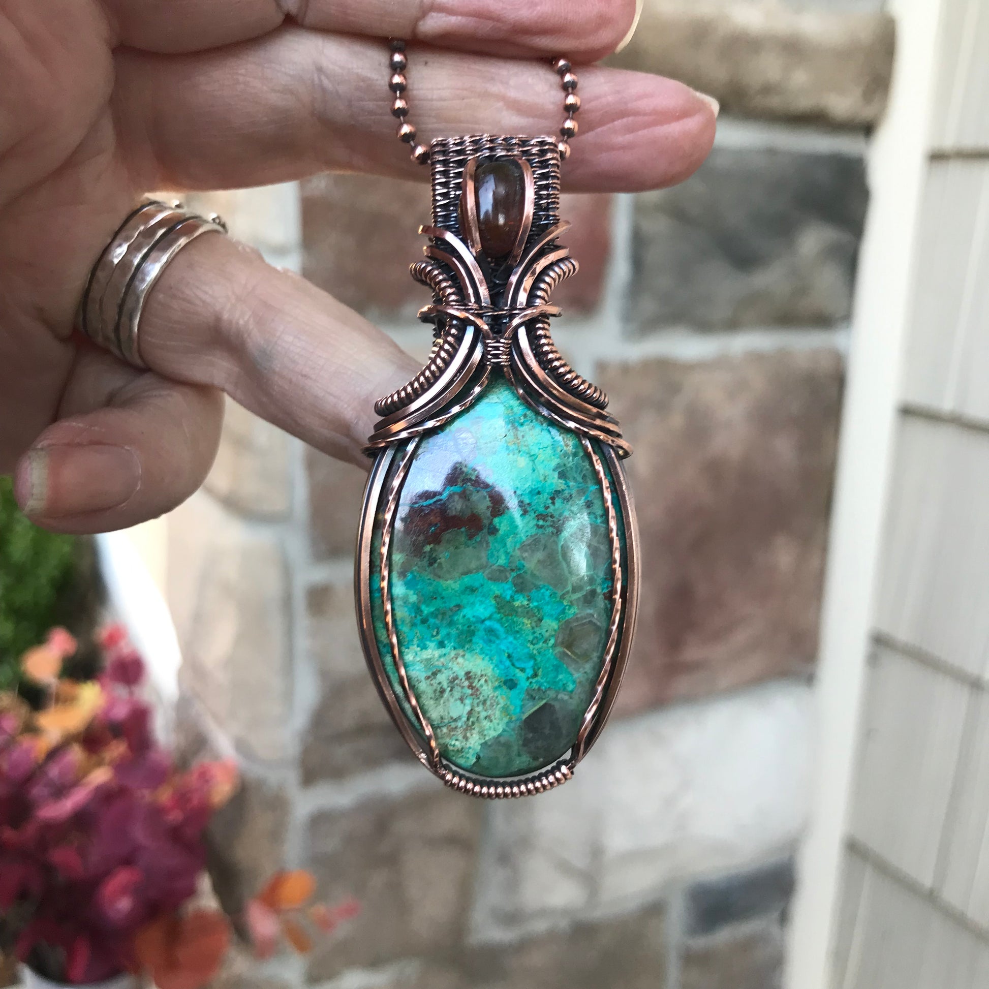 Shattuckite & Amber Oval Pendant with Weaving