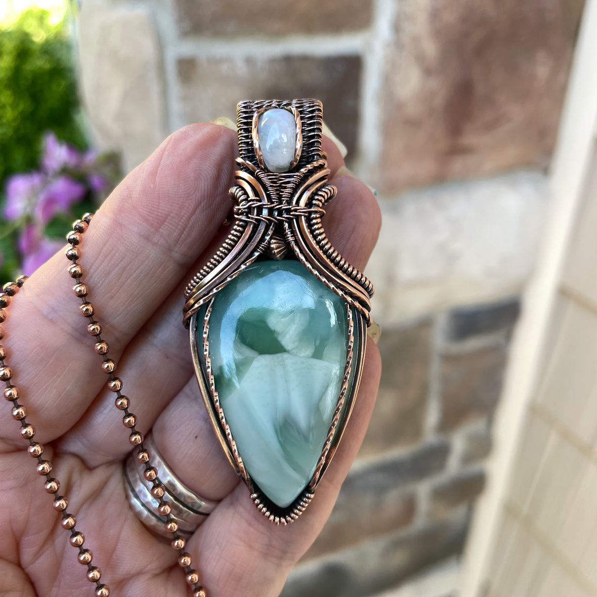 Larimar & Moonstone Copper Pendant with Weaving