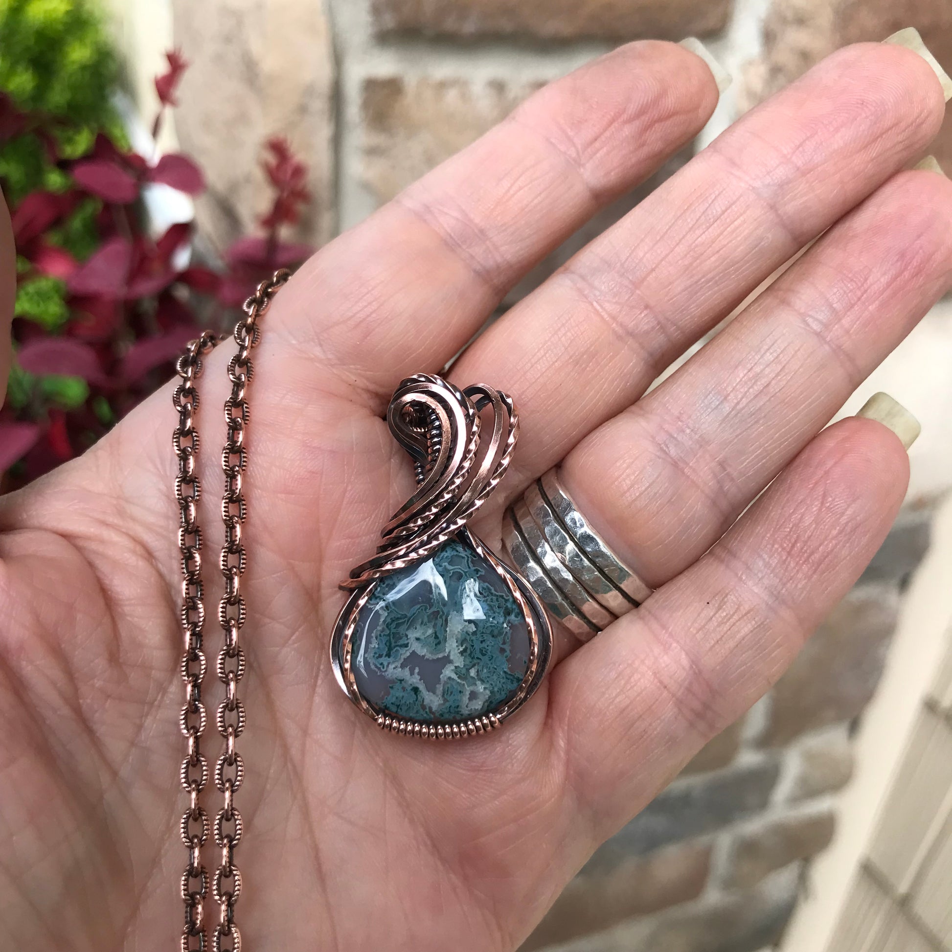 Moss Agate Teardrop Copper Necklace