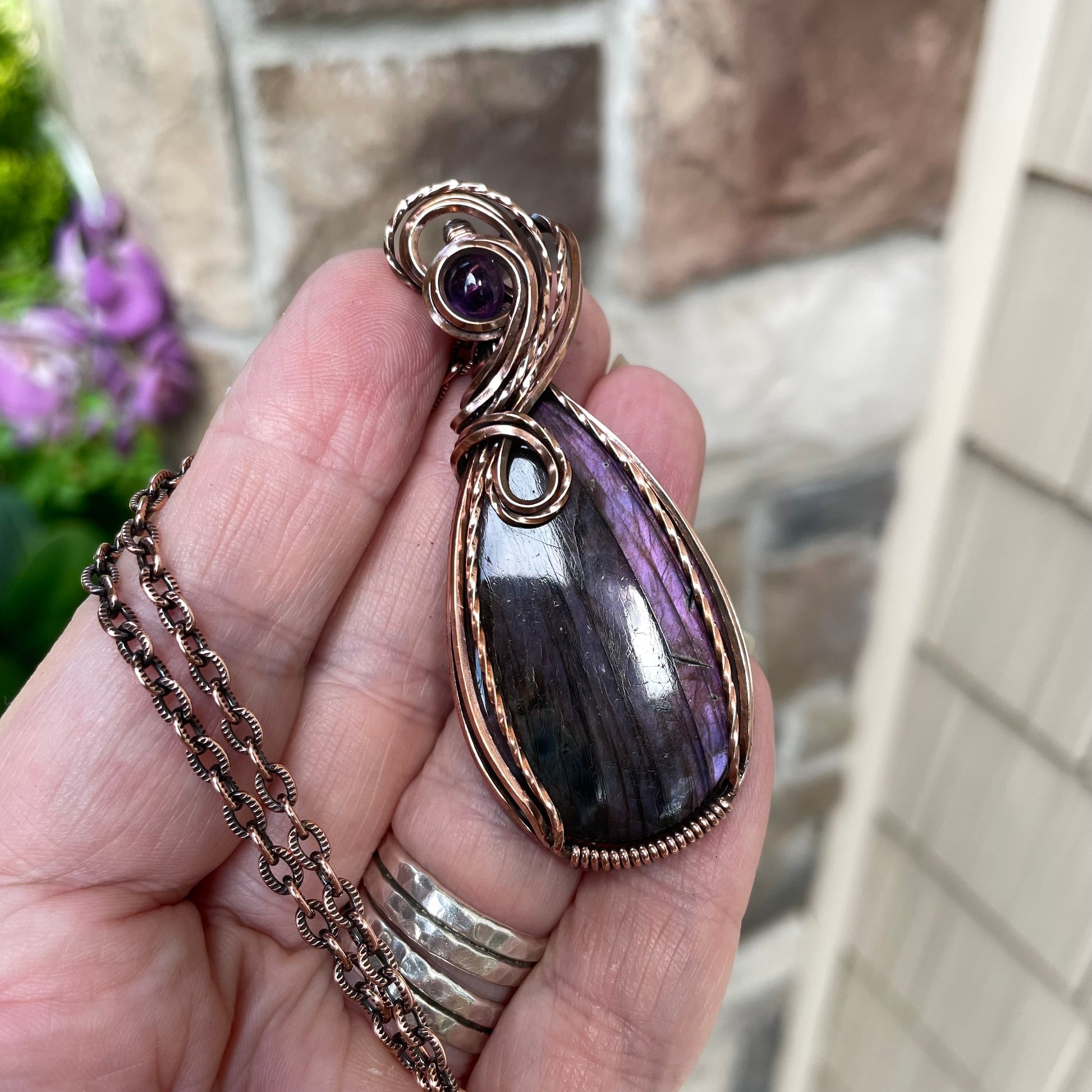 Purple Labradorite & Amethyst Copper Pendant