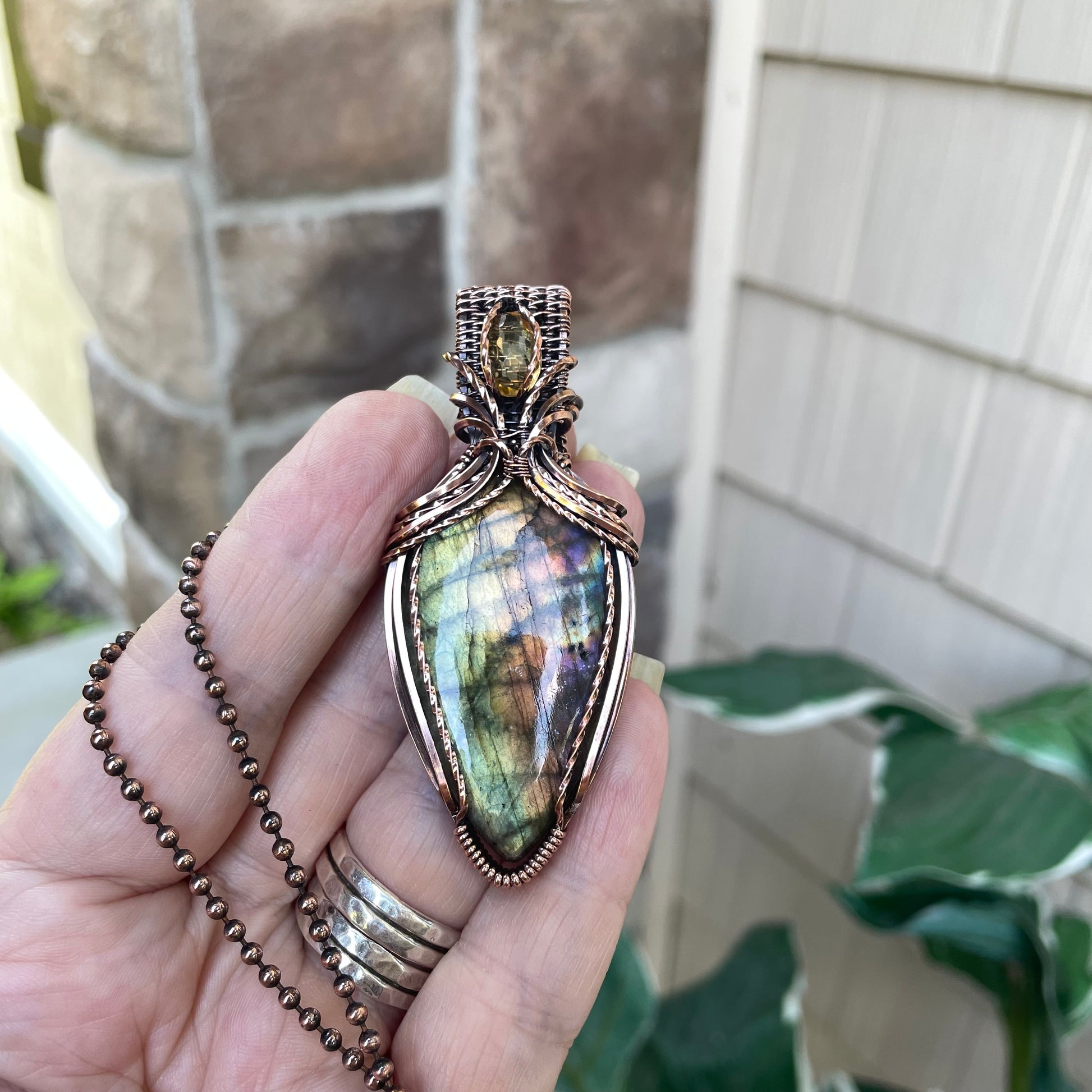 Green Yellow Orange Labradorite & Citrine Copper Necklace with Woven Bail