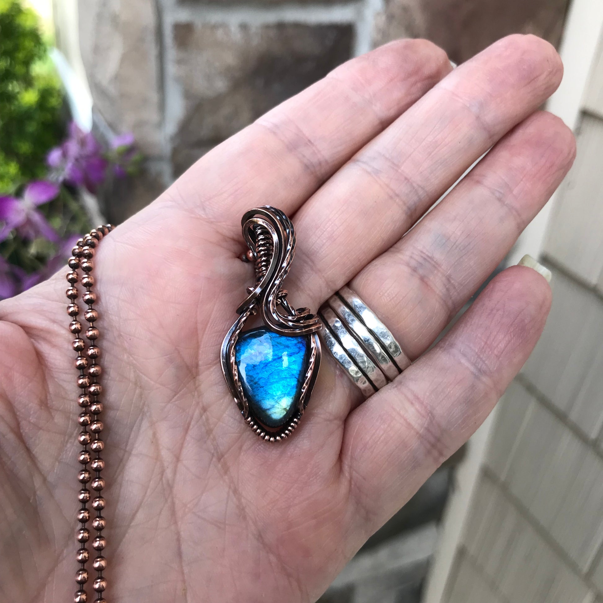 Blue Teal Labradorite Small Copper Pendant