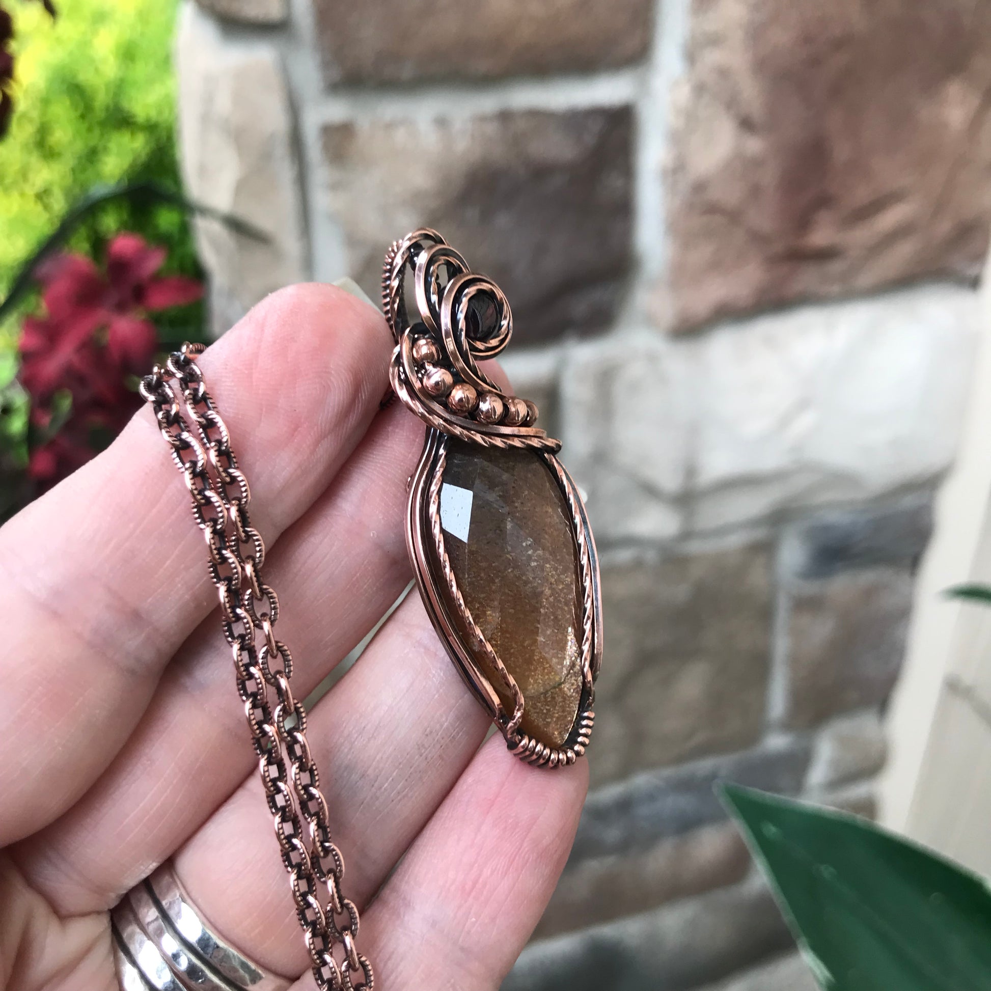 Sunstone & Garnet Copper  Pendant