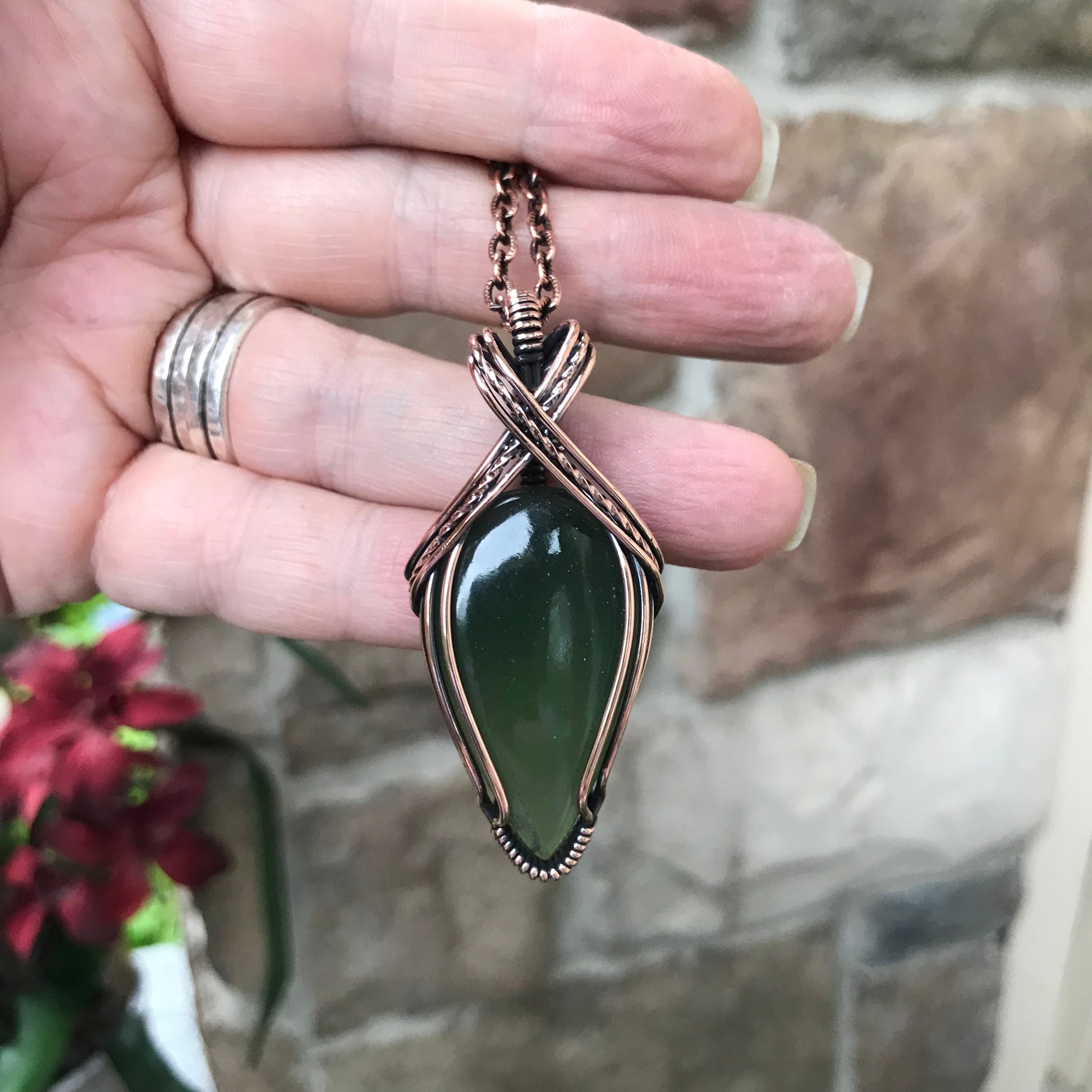 Green Serpentine Teardrop  Copper Pendant