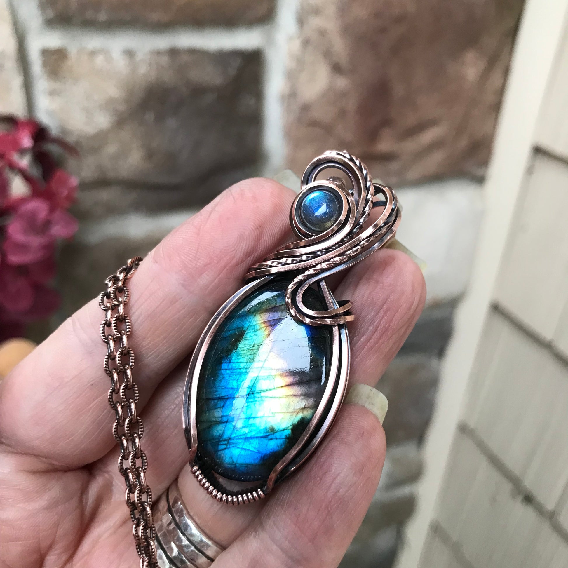 Blue Rainbow Oval Labradorite Copper Pendant