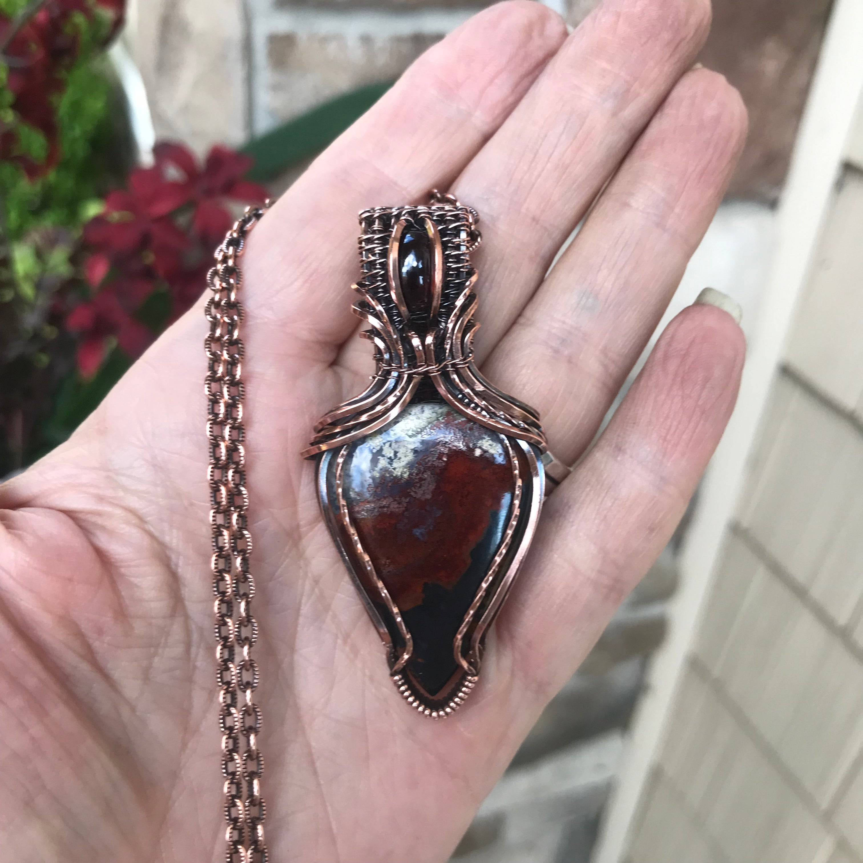 Maroon Crazy Lace Agate & Garnet Copper Pendant