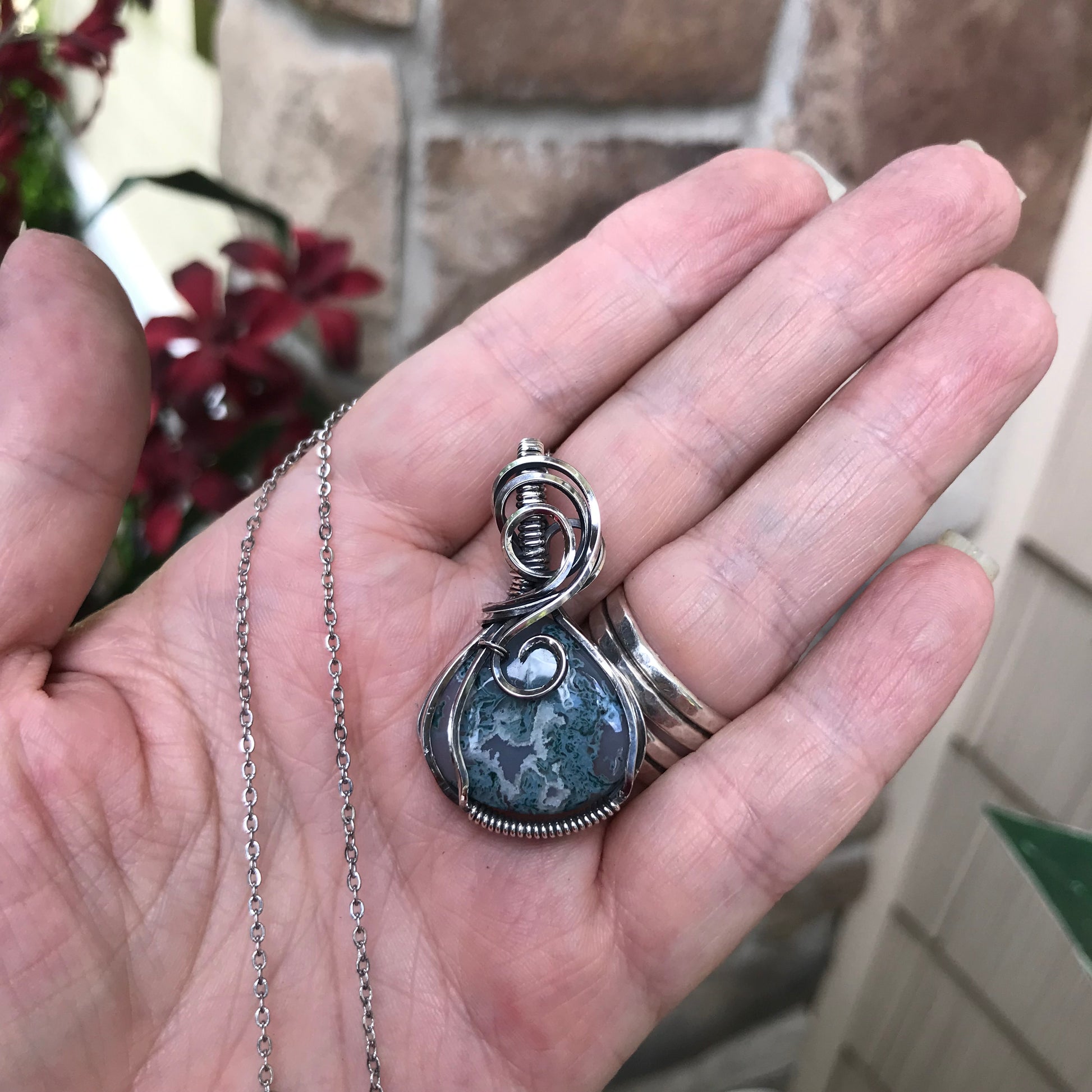 Teal Moss Agate  Sterling Silver Necklace