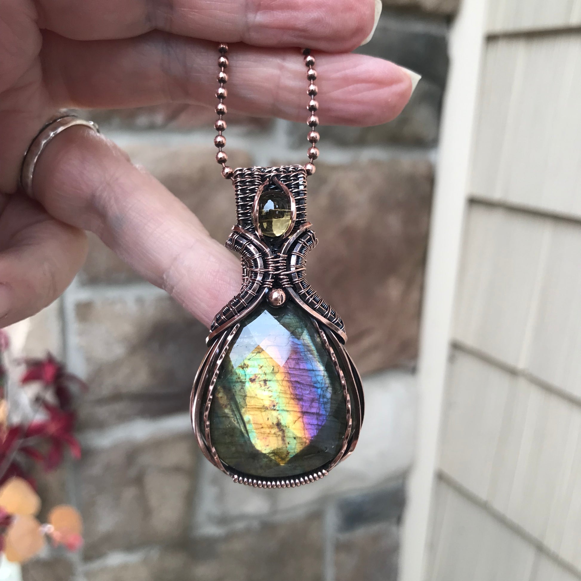 Yellow Purple Faceted Labradorite & Citrine Copper Pendant