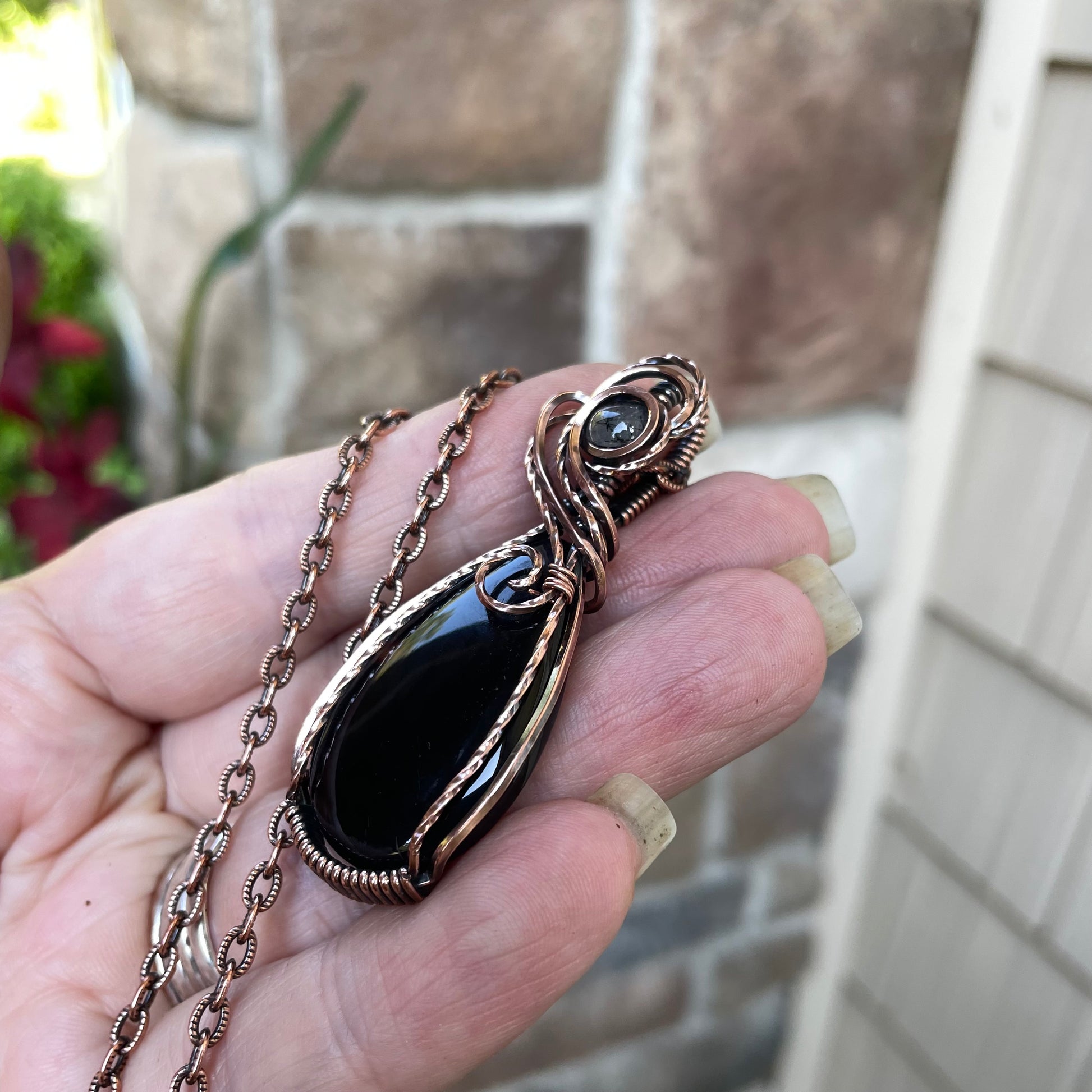 Black Onyx with Black Rutile Quartz Copper Necklace