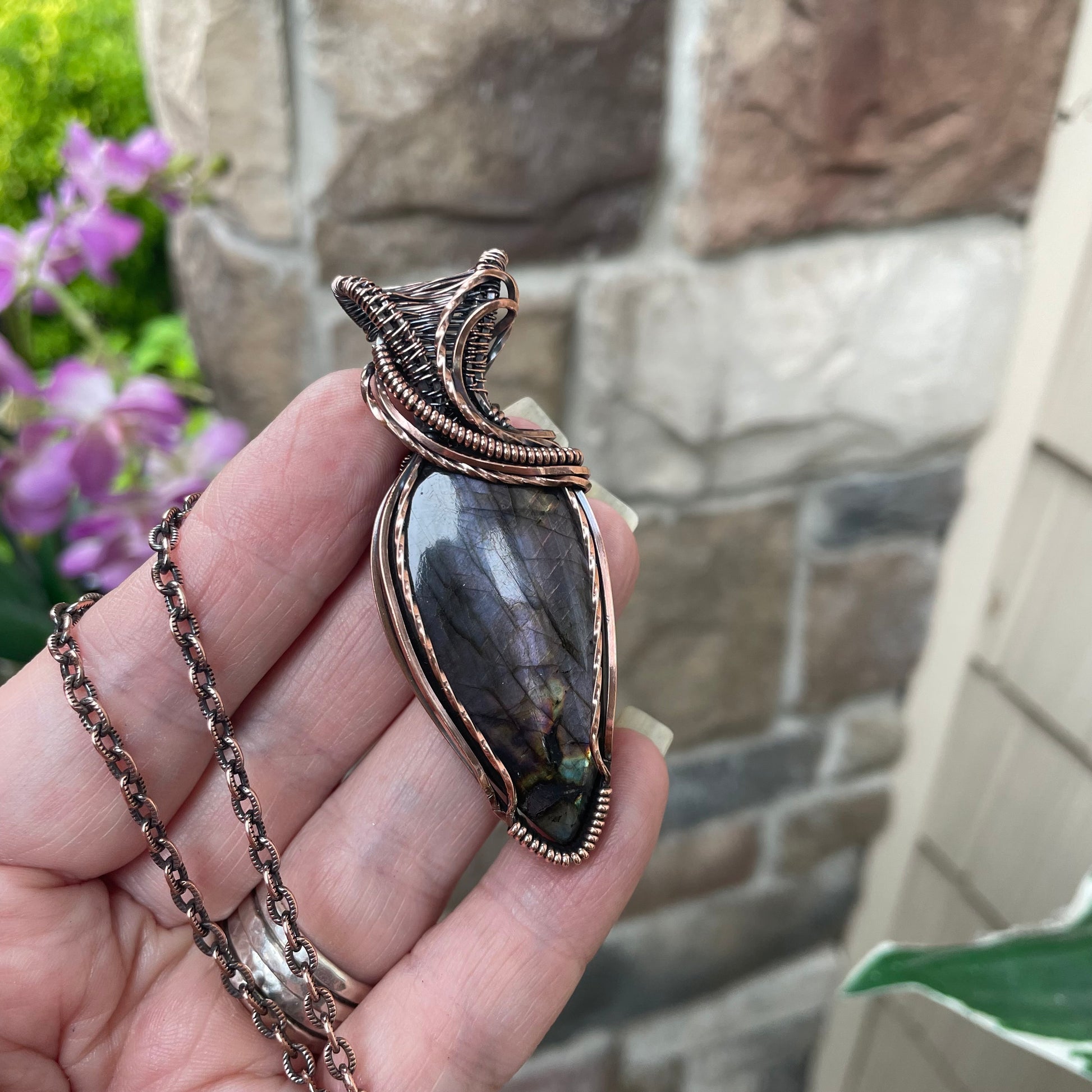 Purple Shimmer Labradorite Copper Necklace with Woven Bail
