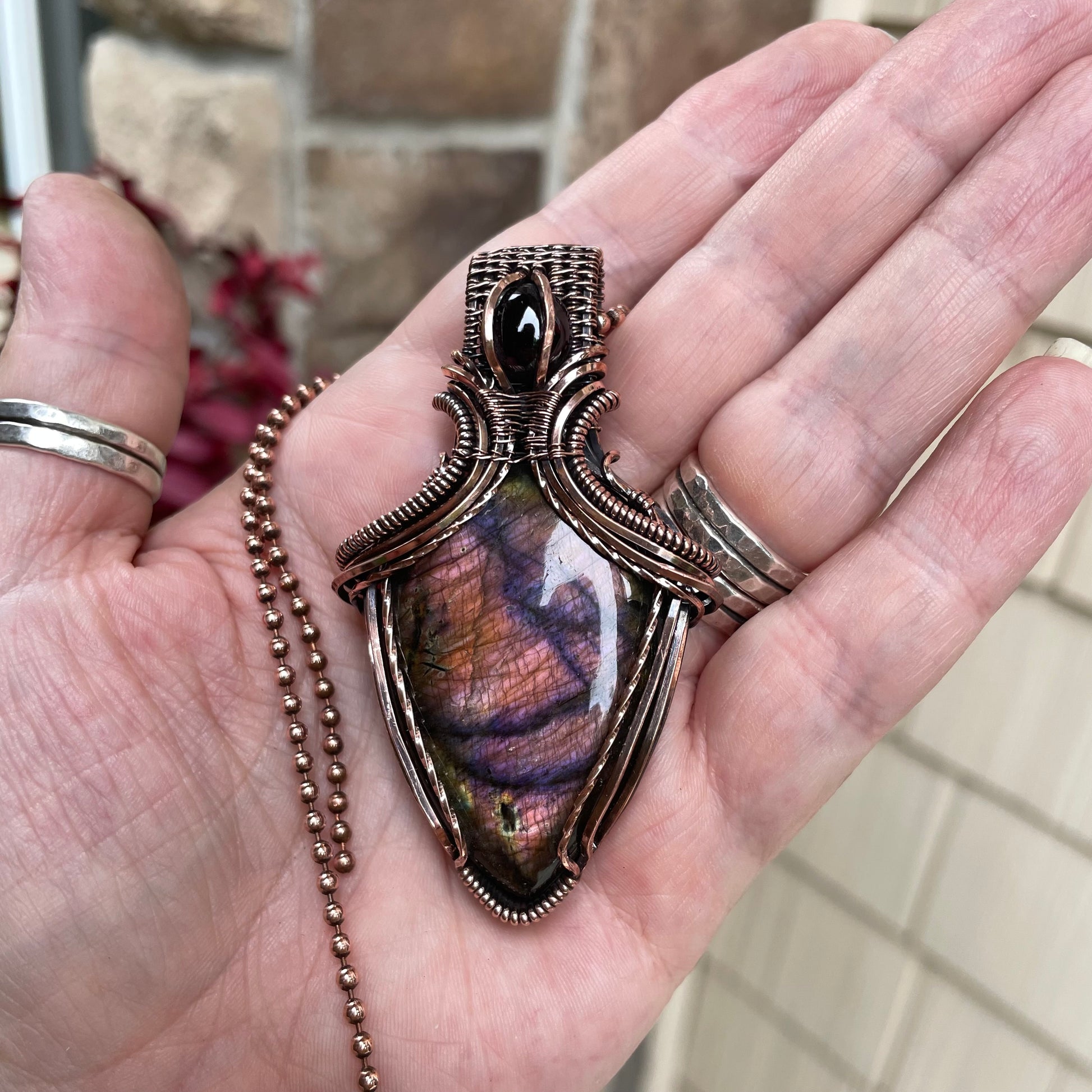 Maroon Purple Labradorite & Garnet Copper Pendant with Weaving