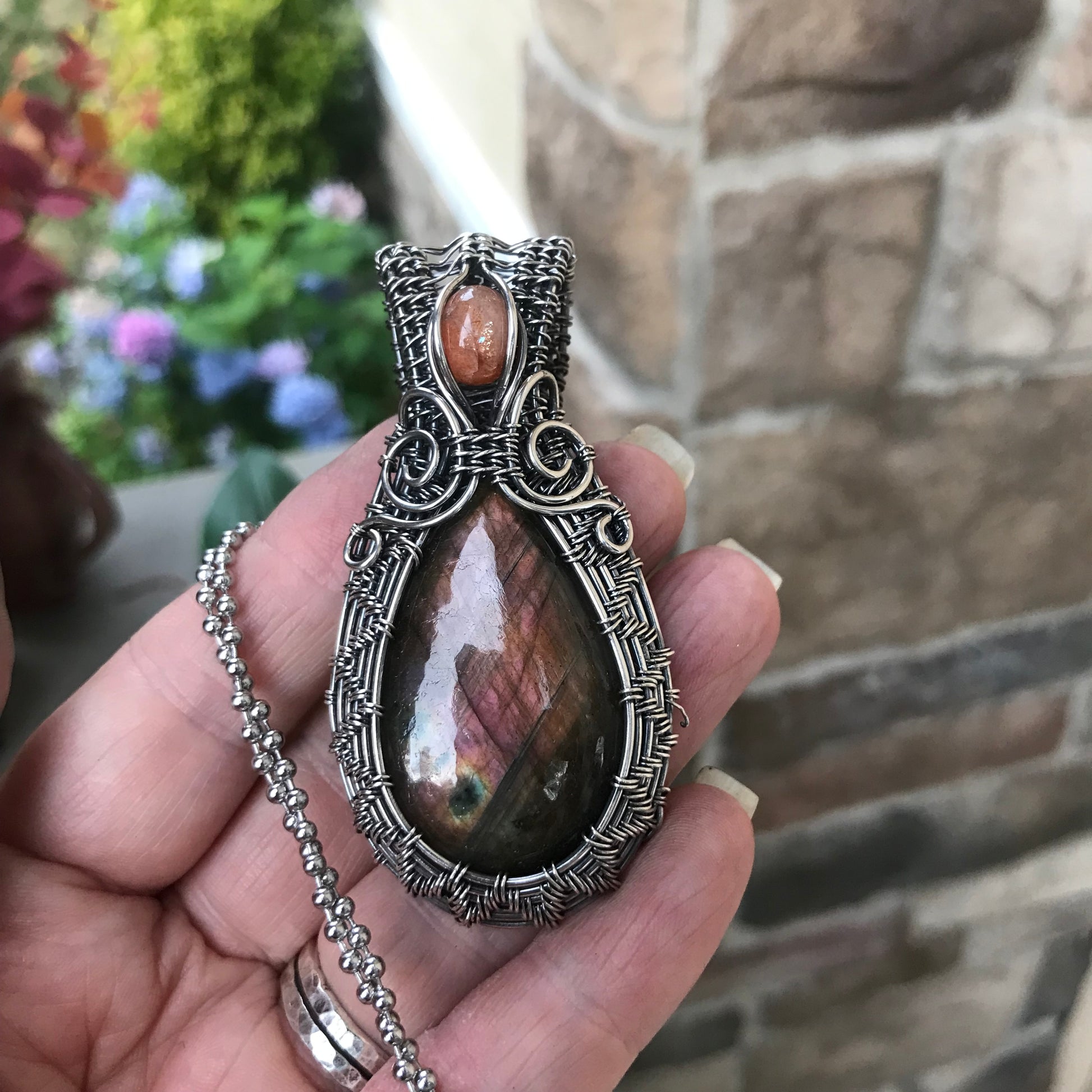 Amber Labradorite & Sunstone Silver Pendant