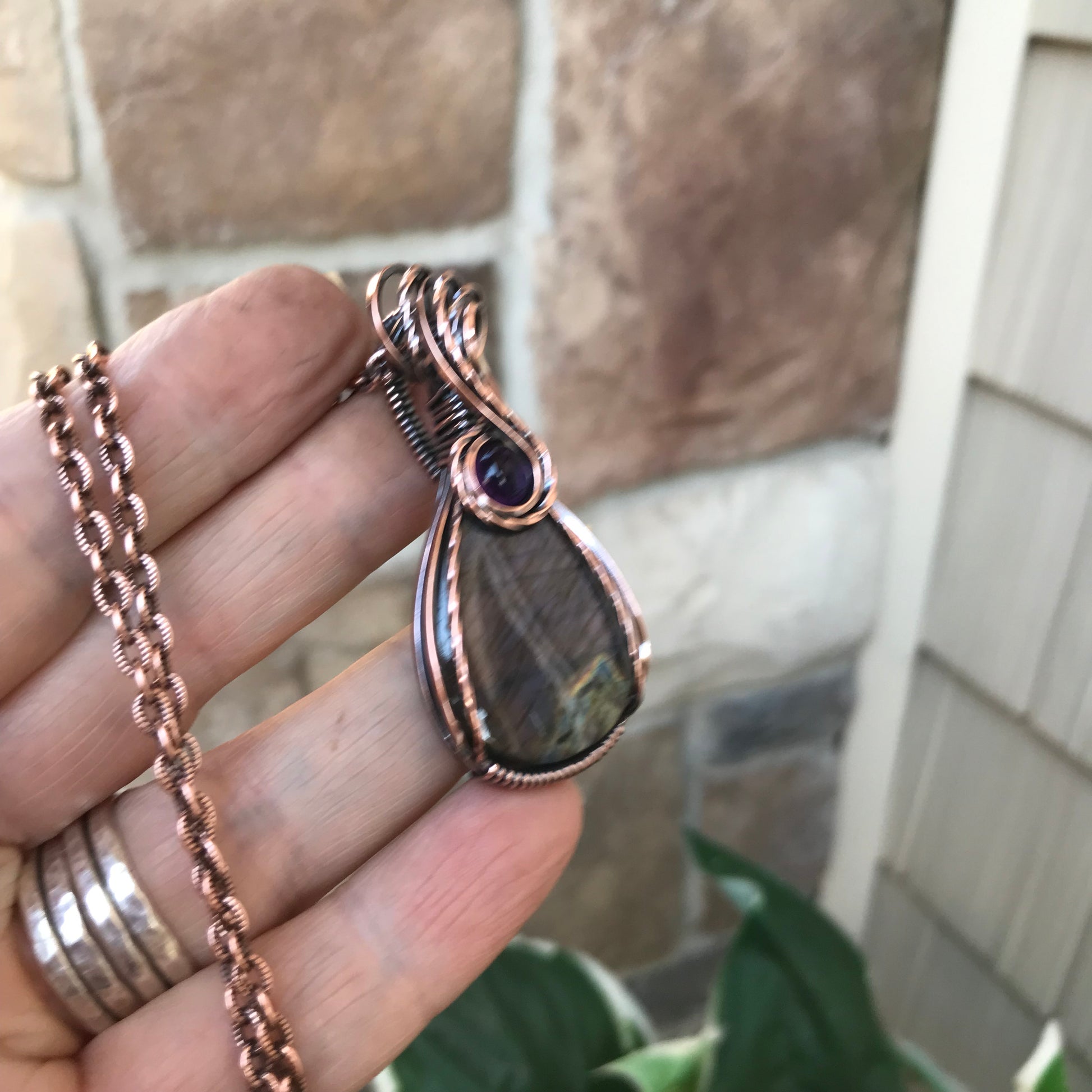 Purple Labradorite & Amethyst Teardrop Copper Pendant