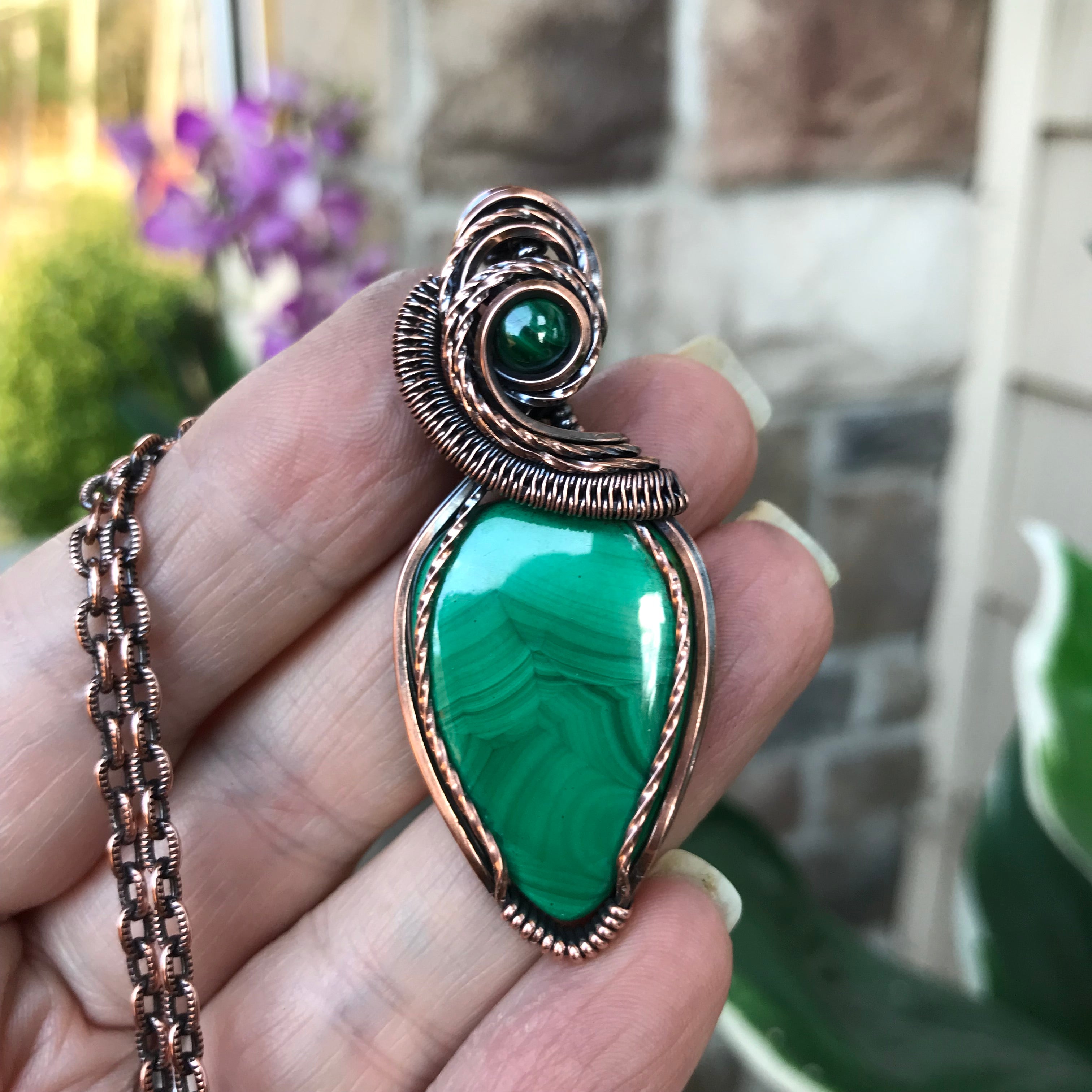 Malachite w/Malachite Accent Copper Teardrop Pendant