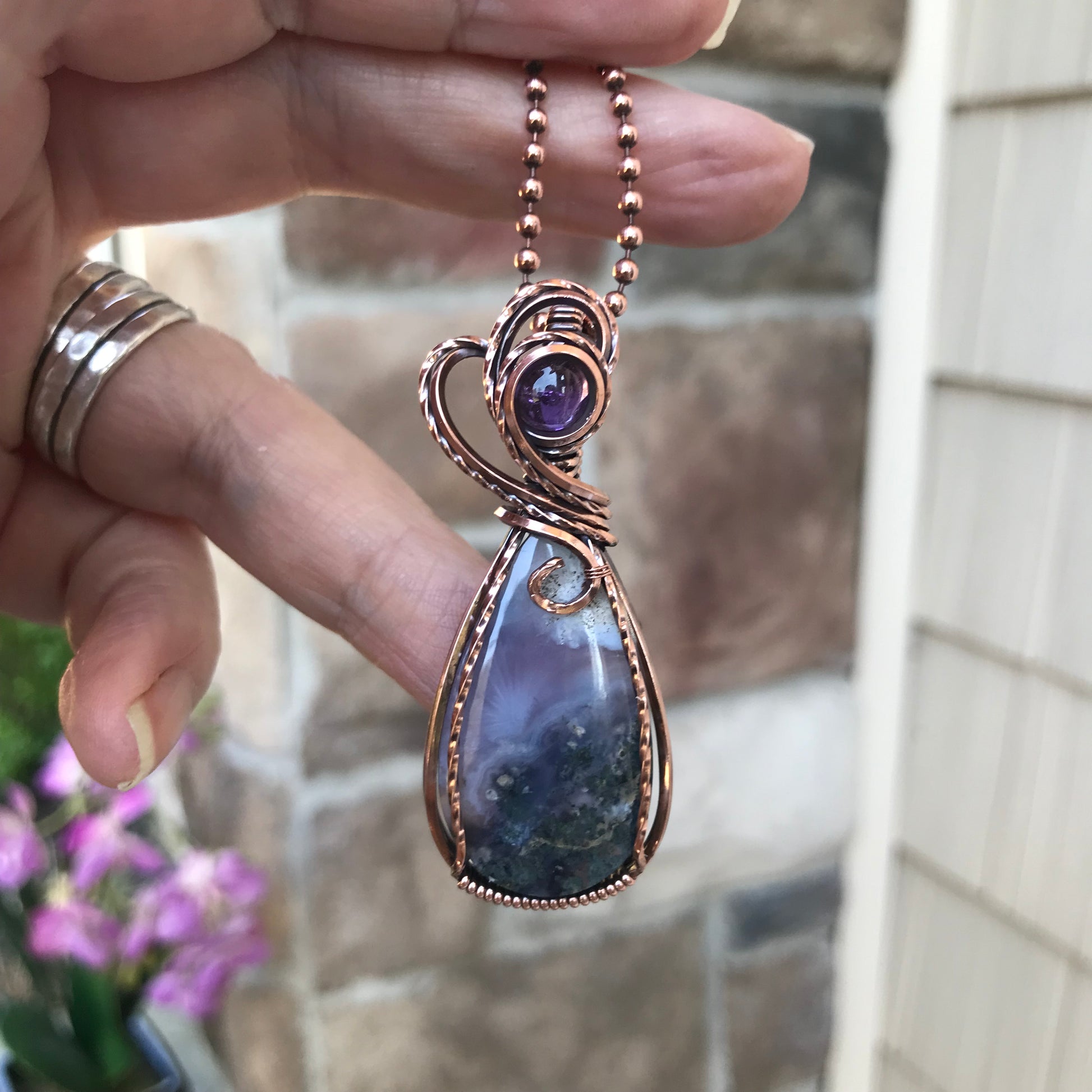 Moss Agate Chalcedony & Amethyst Copper Necklace