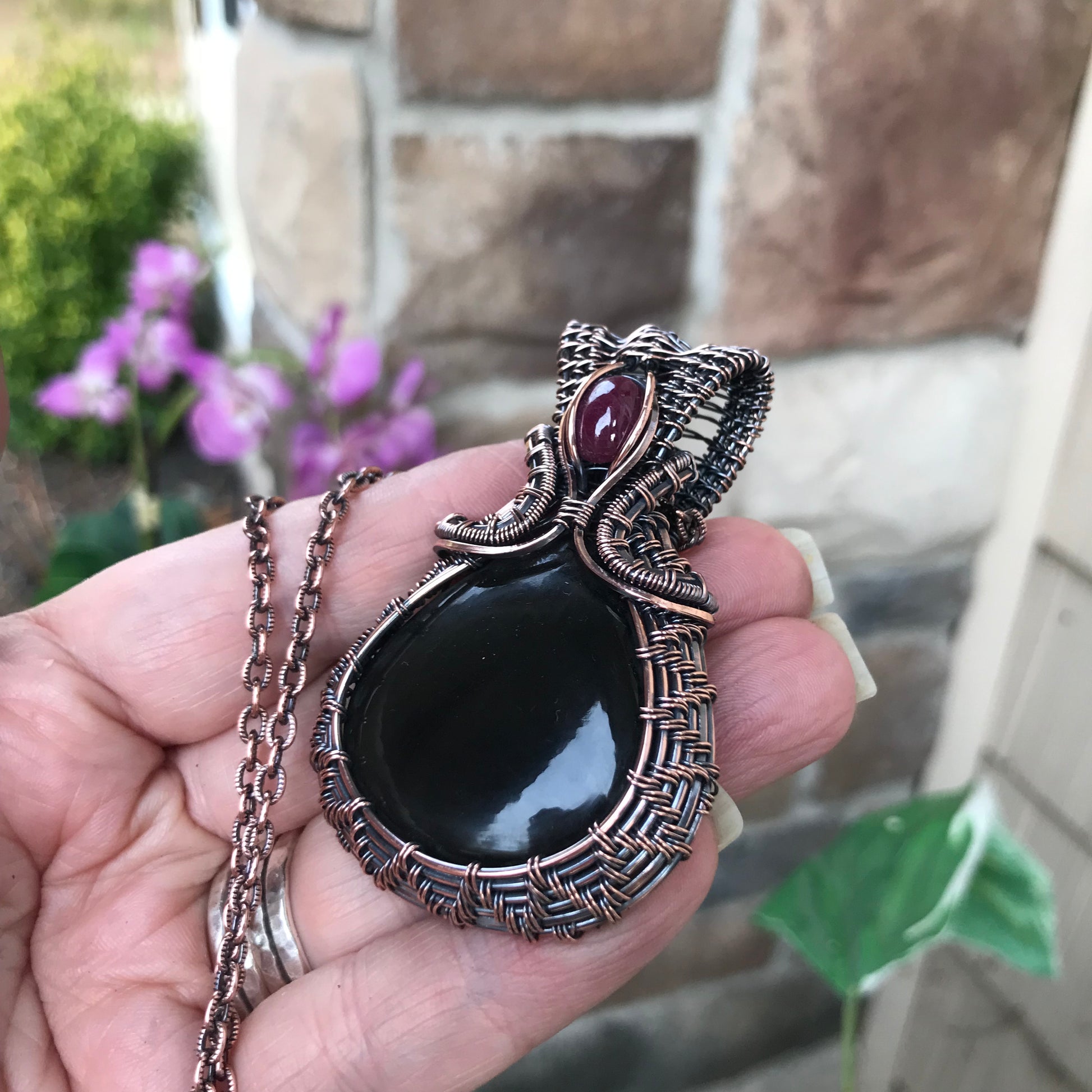 Black Obsidian & Ruby Woven Copper Necklace