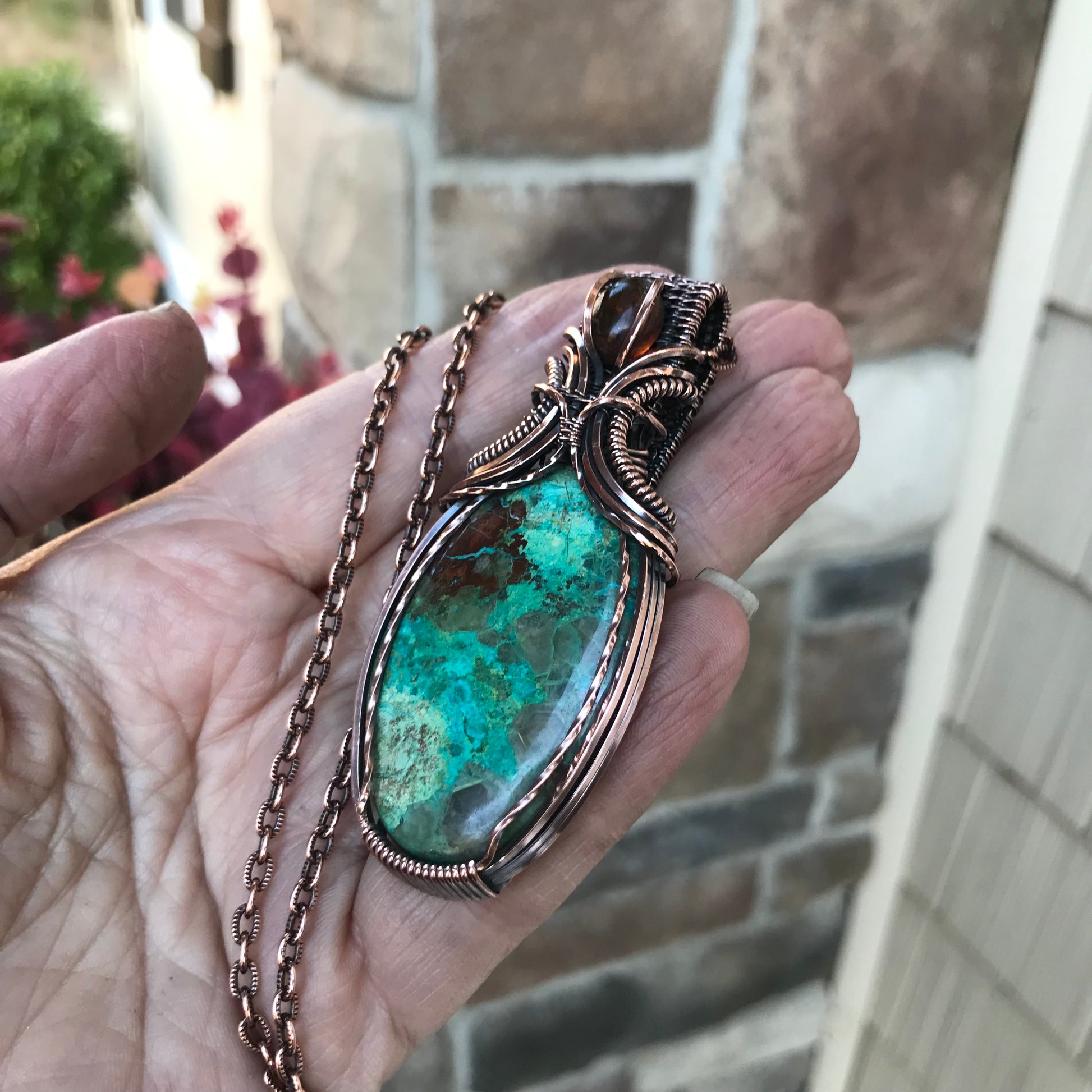 Shattuckite & Amber Oval Pendant with Weaving