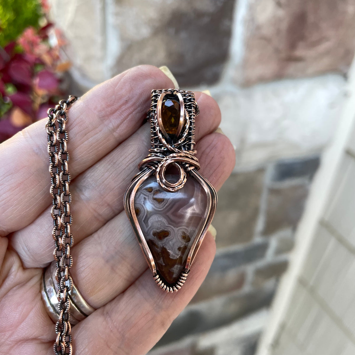 Pink Agua Nueva Plume Moss Agate & Honey Garnet Copper Necklace