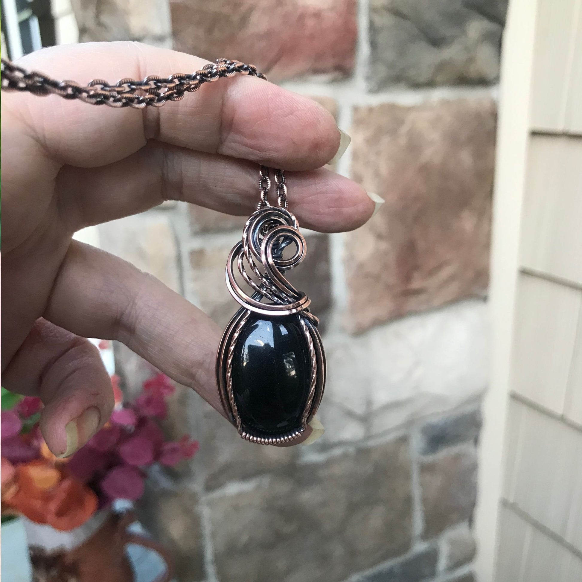 Black Obsidian Oval Copper Necklace