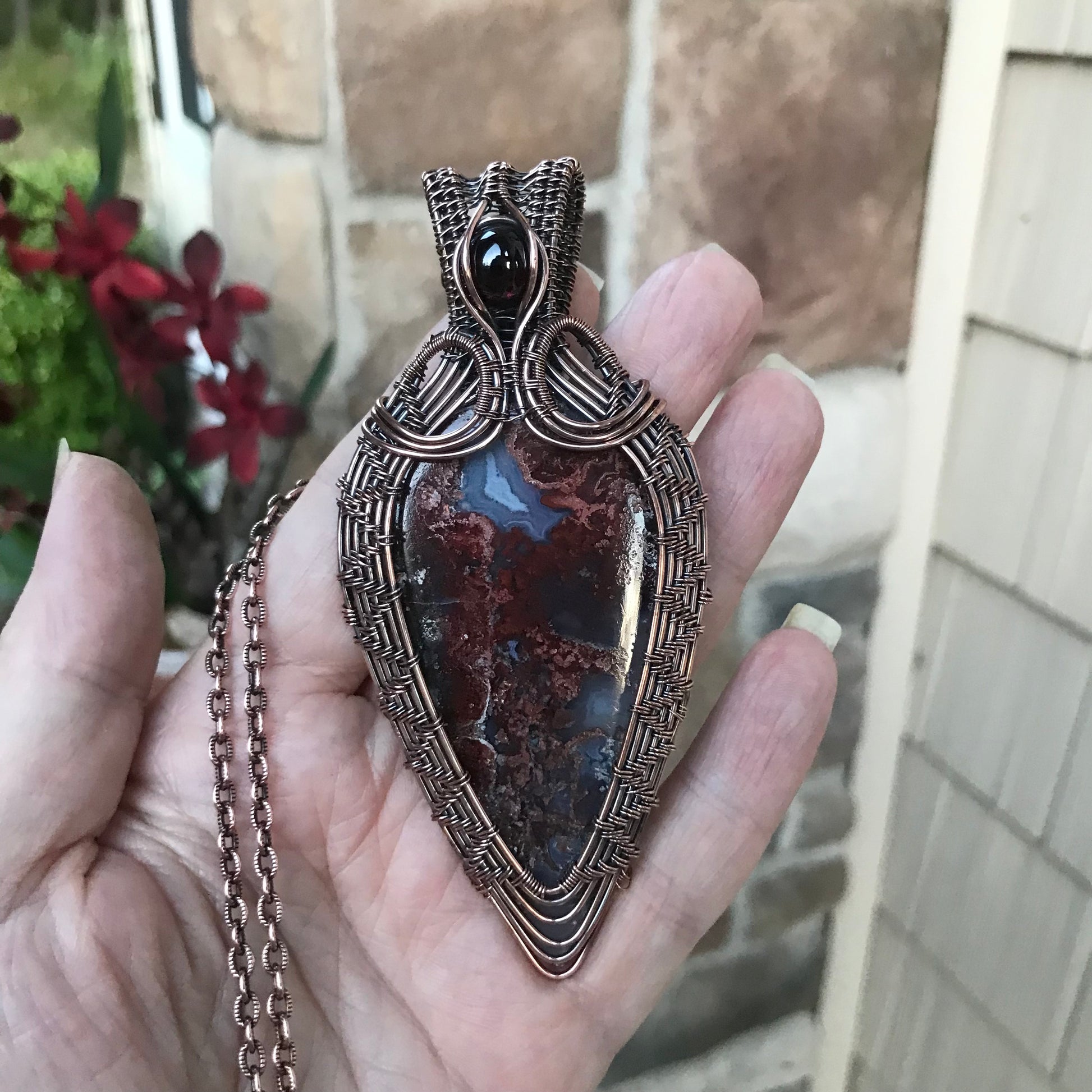 Red Moss Agate & Garnet Woven Statement Copper Pendant