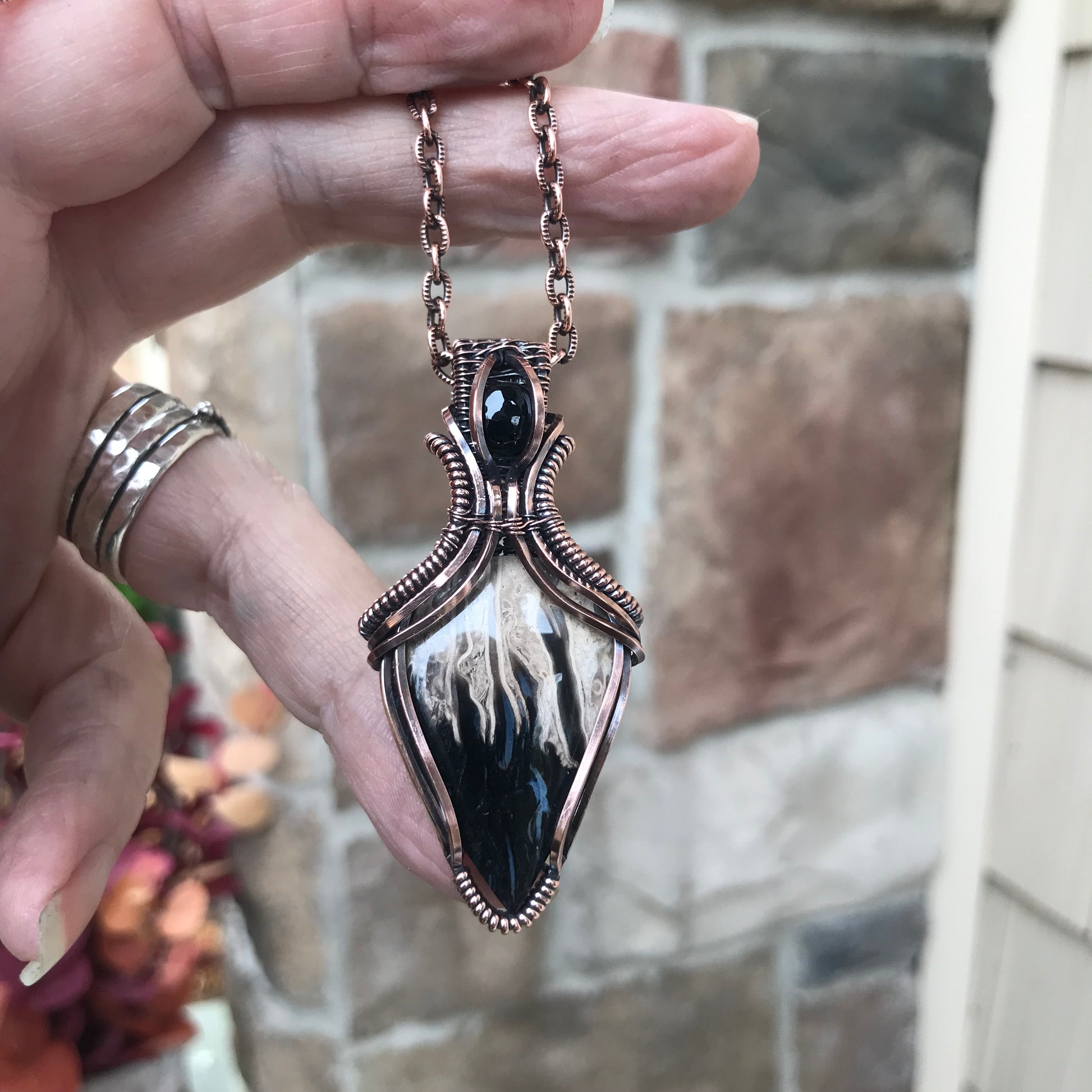 Petrified Palm Wood & Onyx Copper Necklace with Weaving