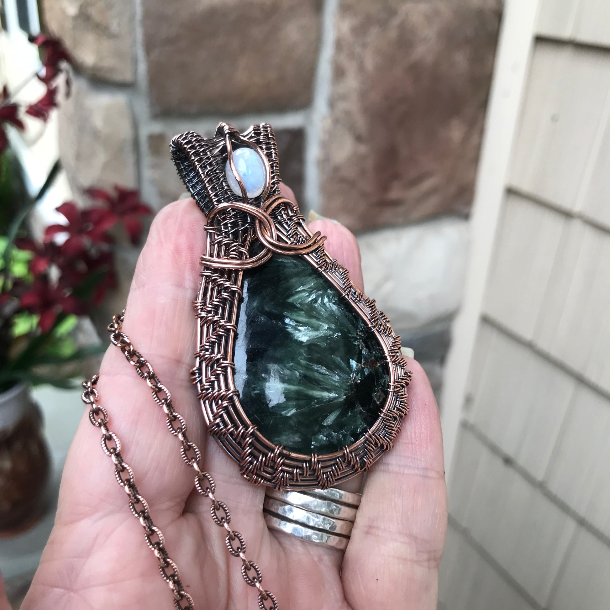 Seraphinite & Moonstone Woven Copper Pendant