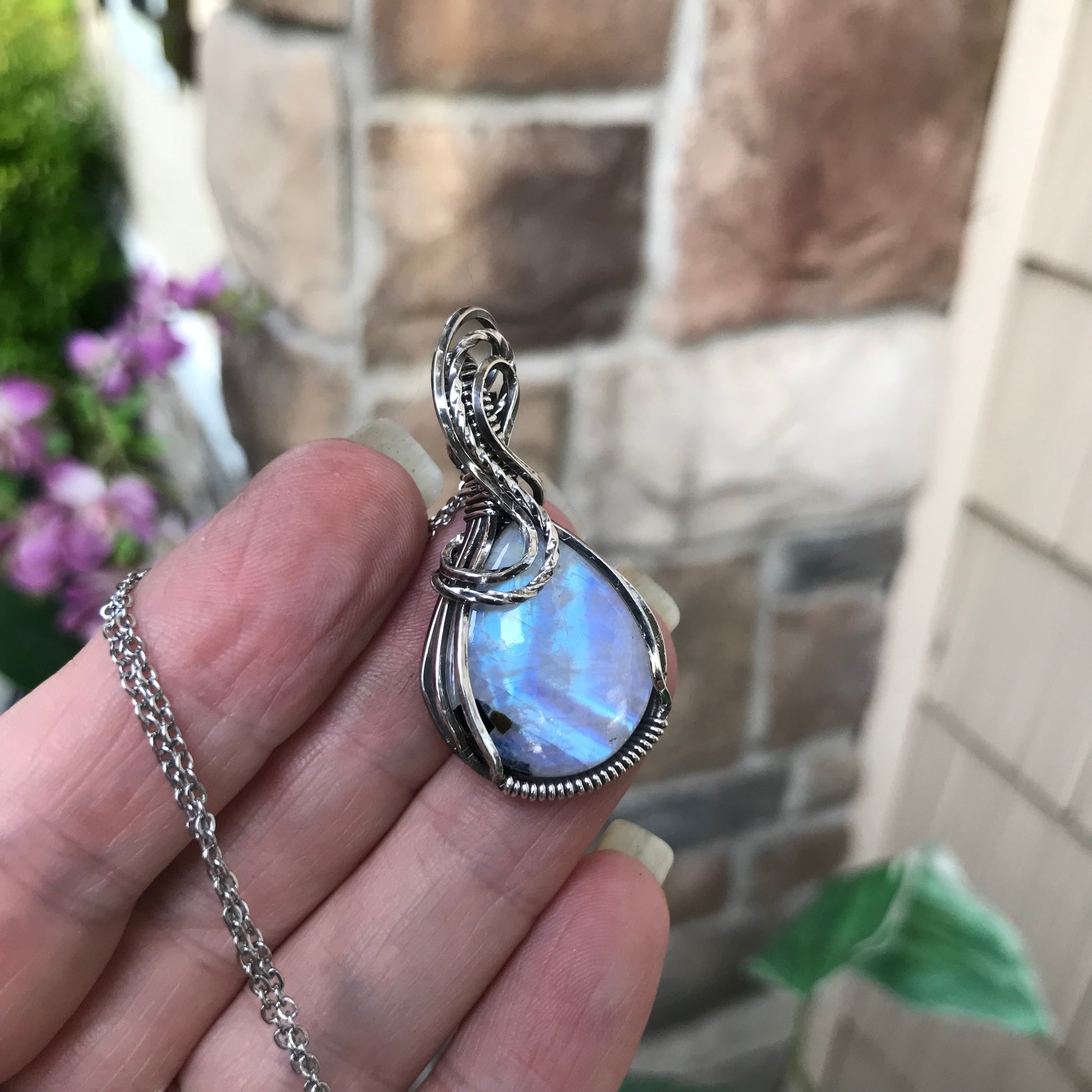 Moonstone with Black Tourmaline Sterling Silver Pendant