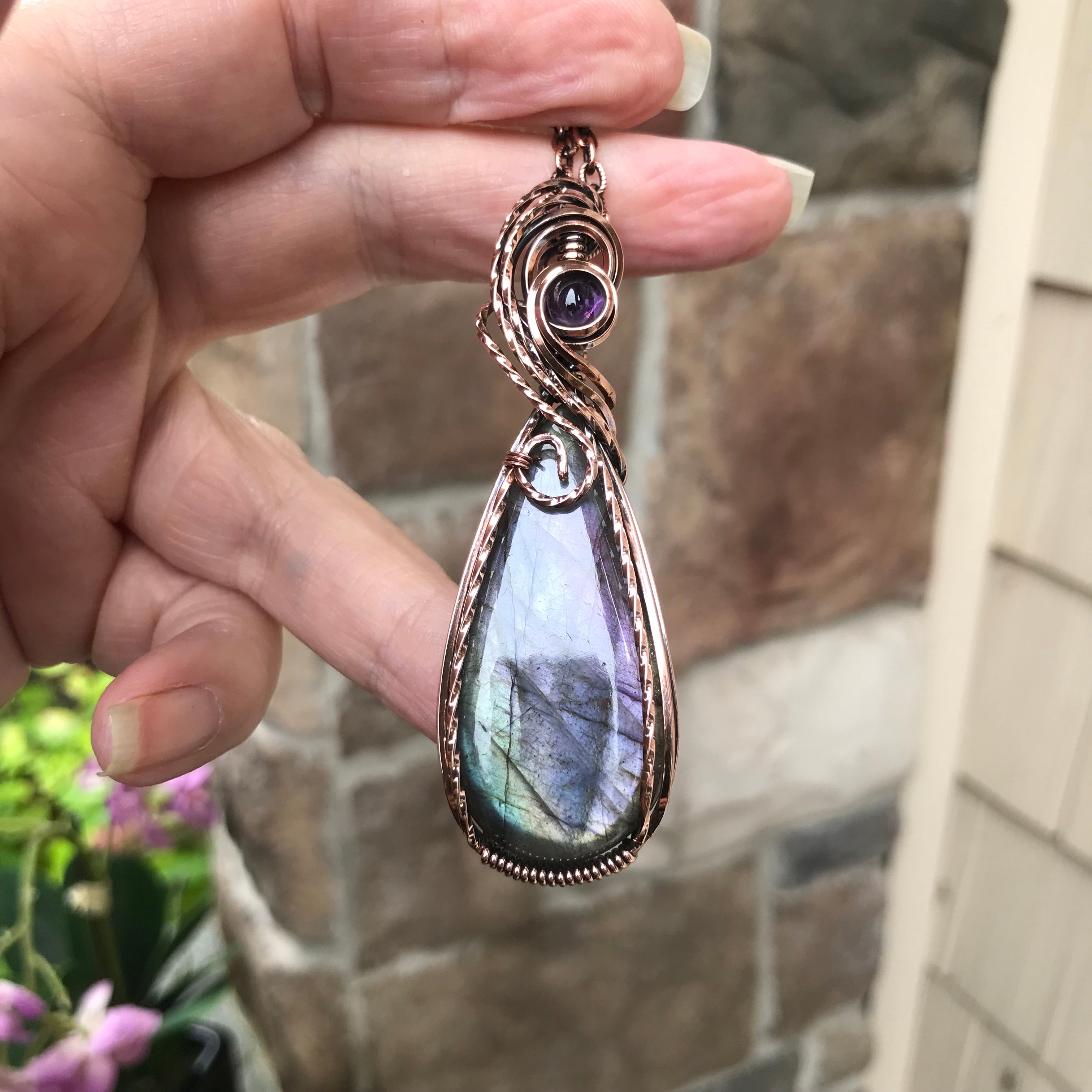 Purple Green Slender Labradorite & Amethyst Copper Pendant