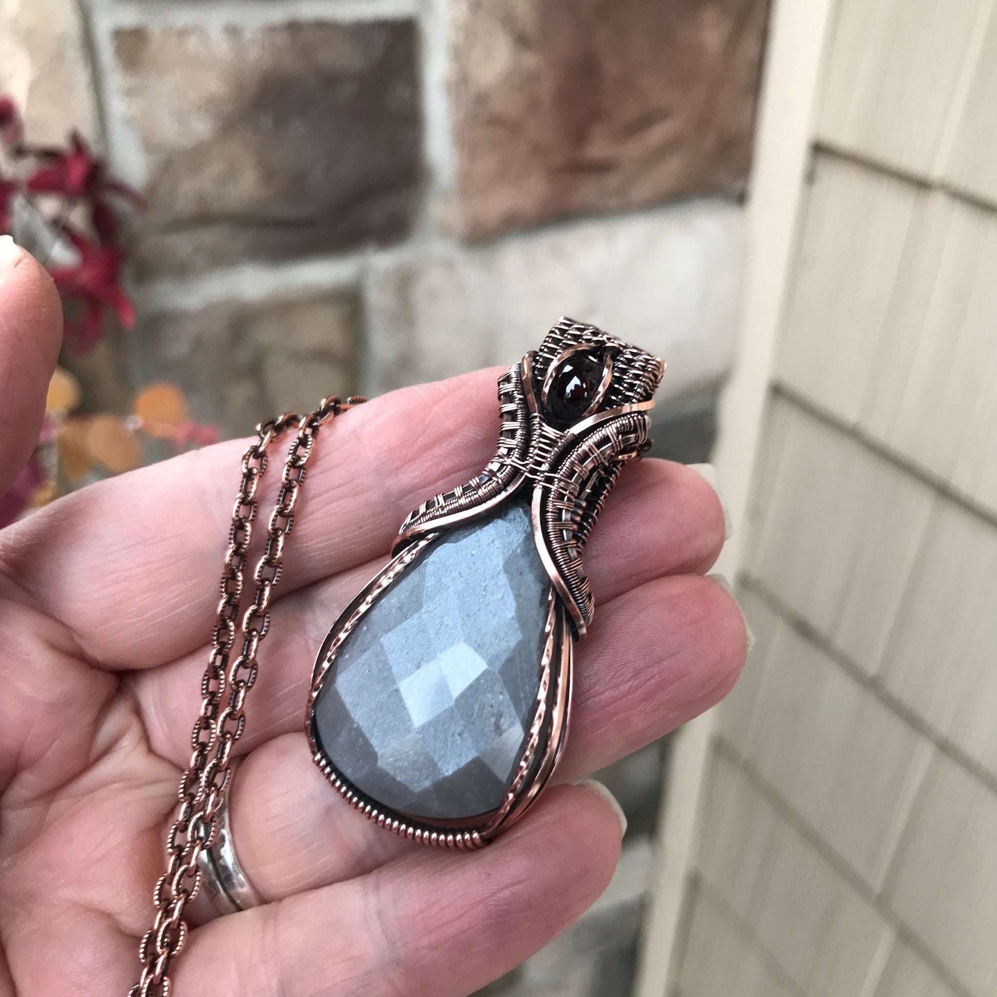 Gray Faceted Moonstone & Garnet Copper Pendant with Weaving