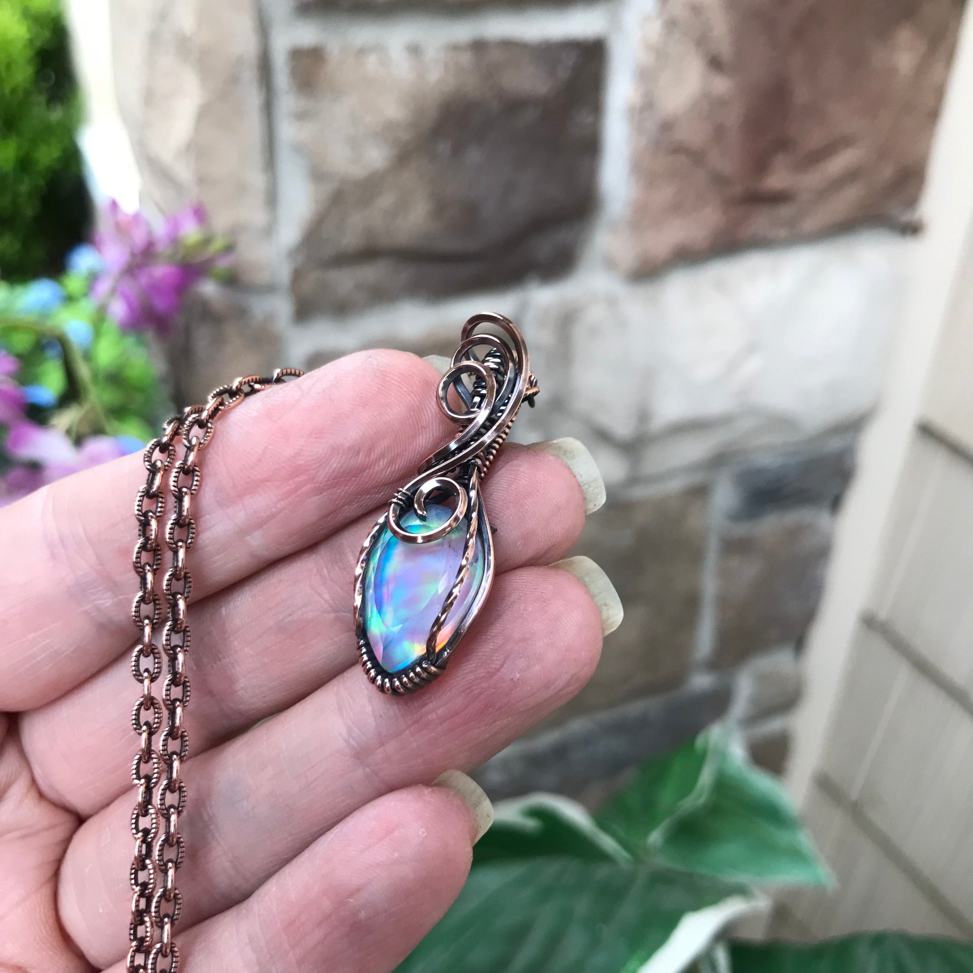 Aurora Opal Small Green Rainbow Copper Pendant