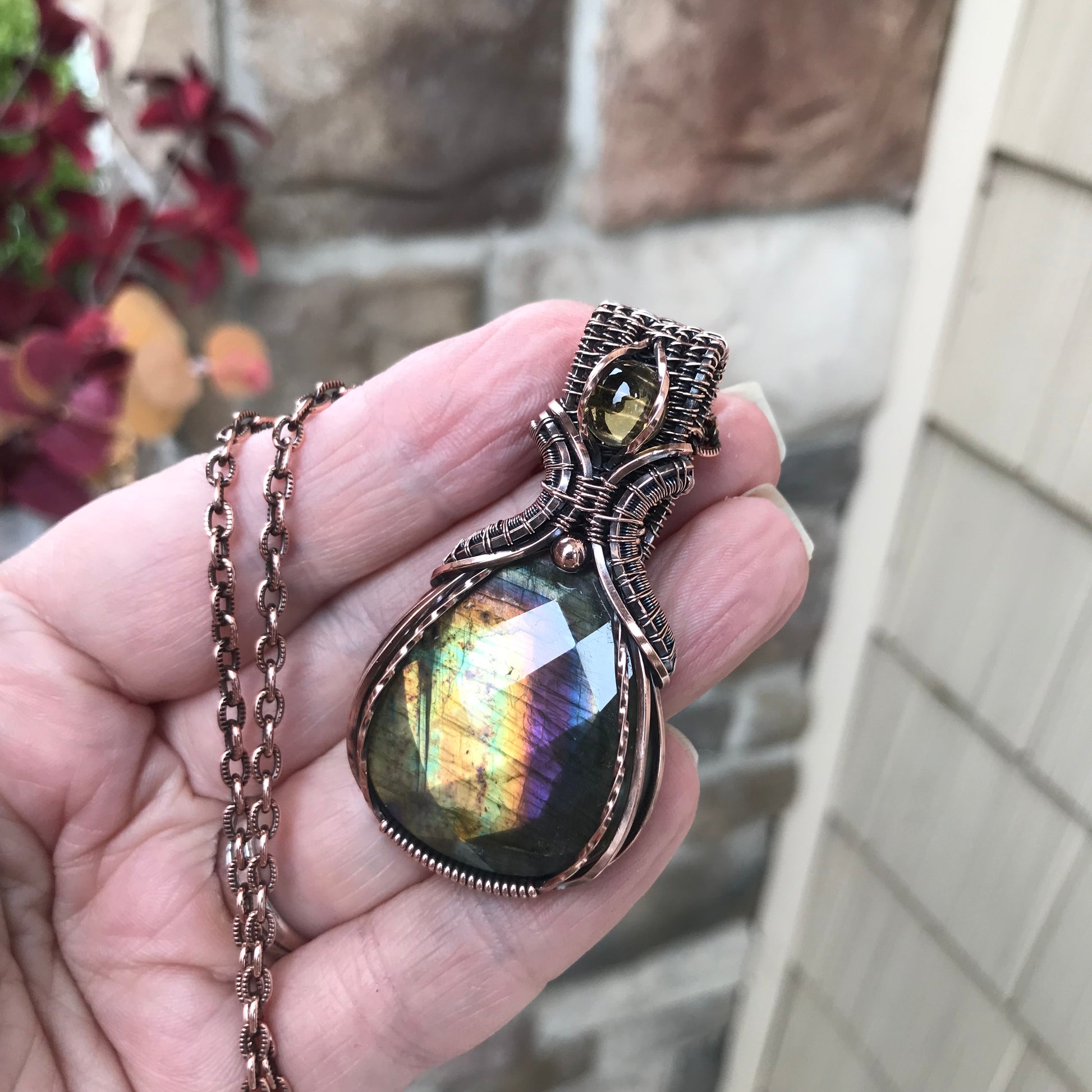 Yellow Purple Faceted Labradorite & Citrine Copper Pendant
