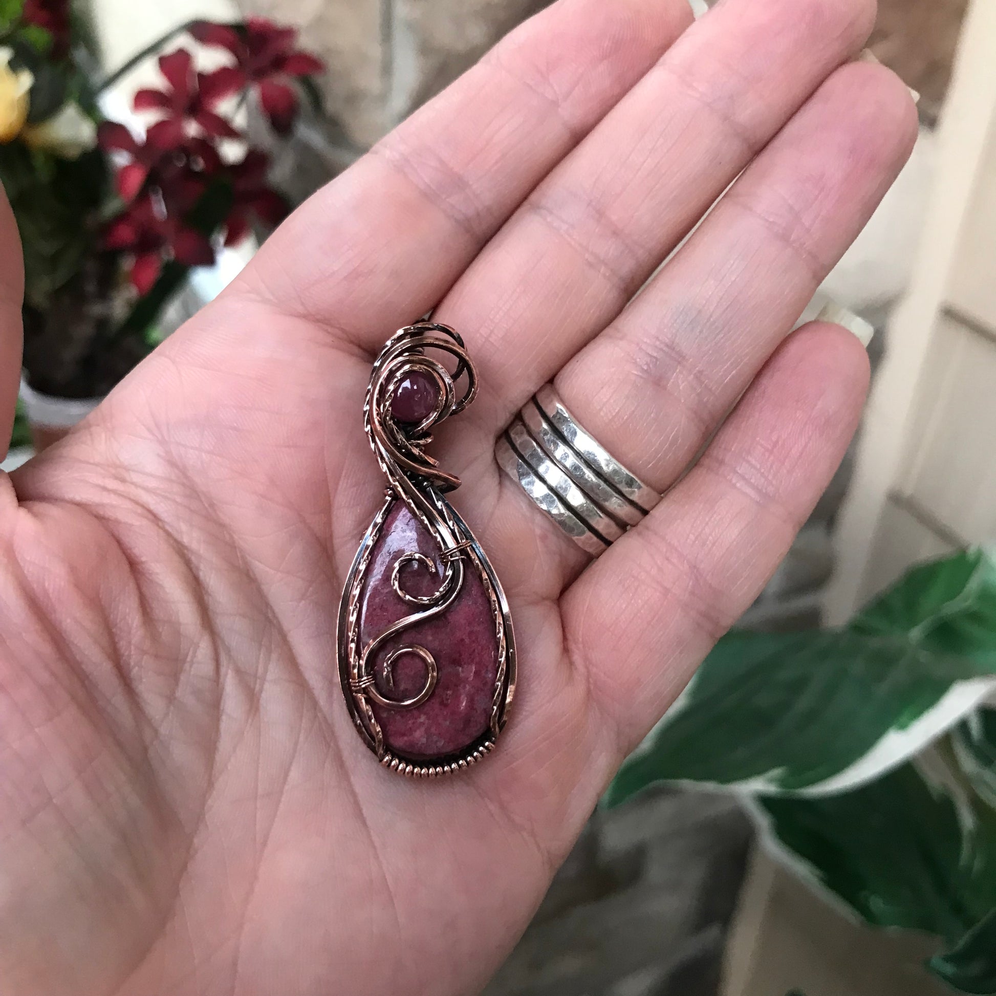 Thulite & Pink Sapphire Copper Pendant