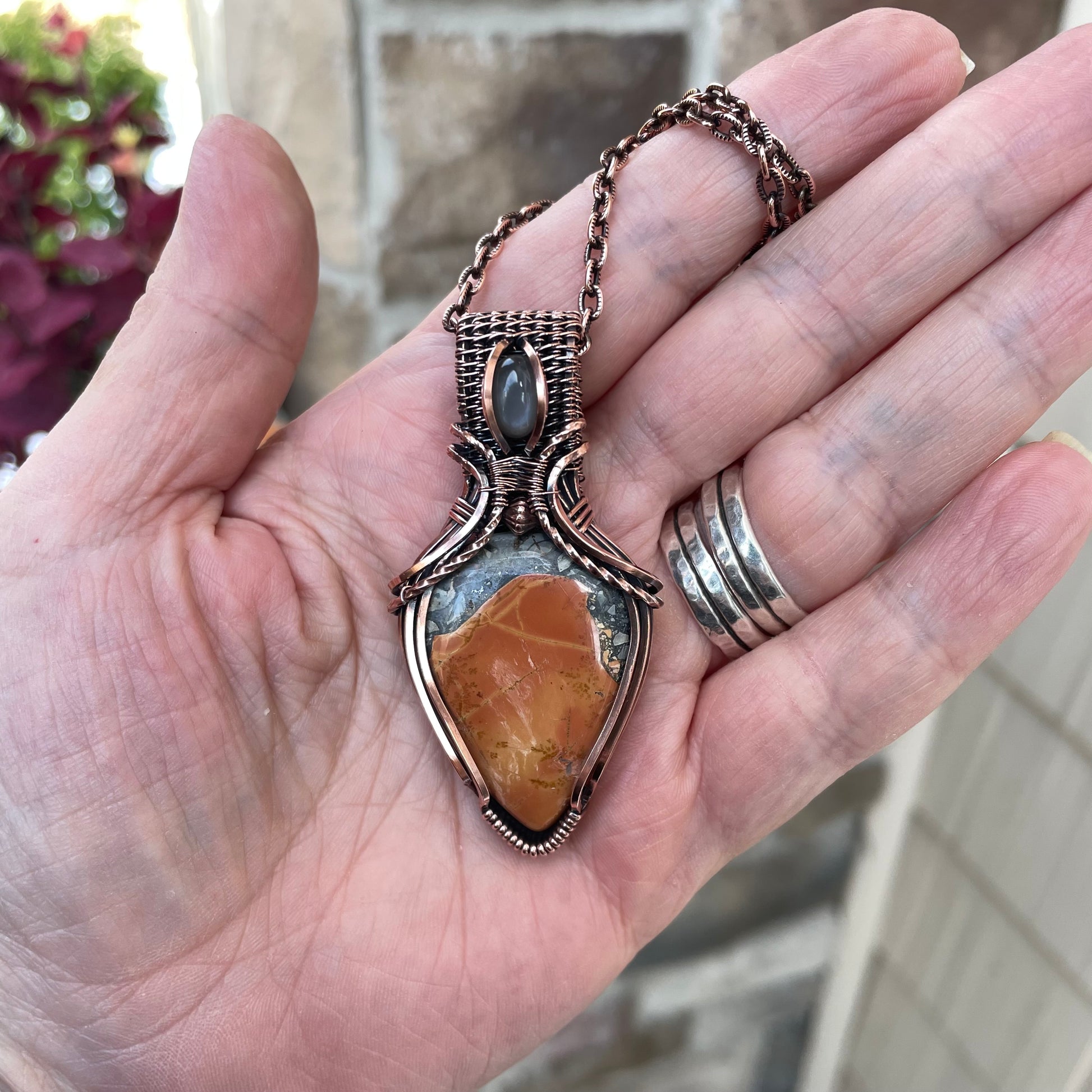Maligano Jasper & Gray Moonstone Copper Pendant with Weaving