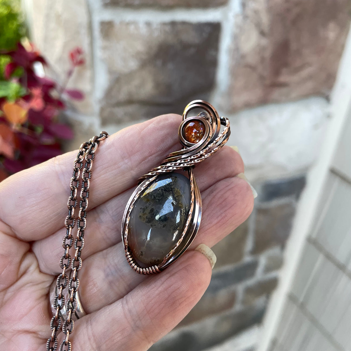 Graveyard Point Plume Agate & Sunstone Copper Necklace