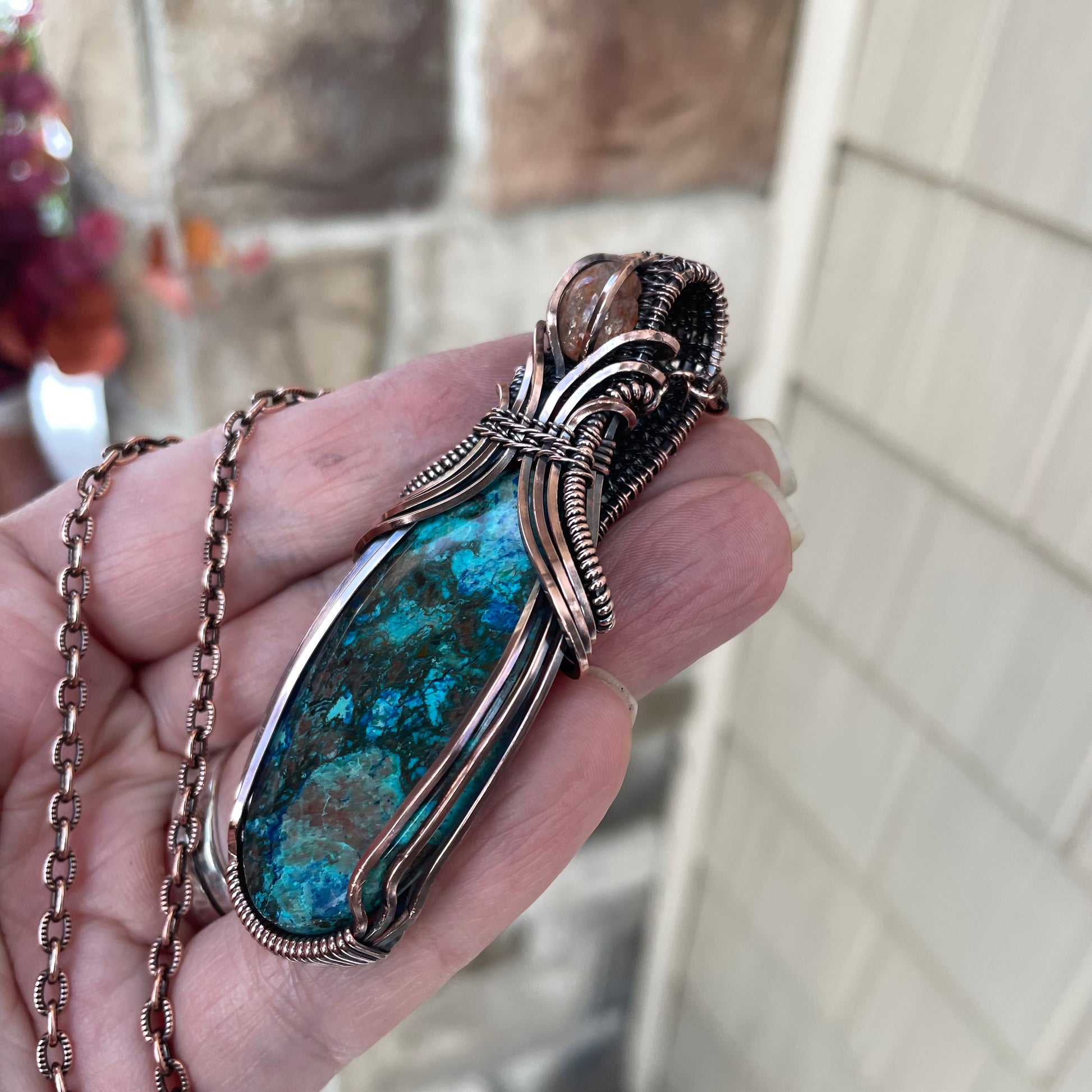 Shattuckite & Sunstone Oval Pendant with Weaving