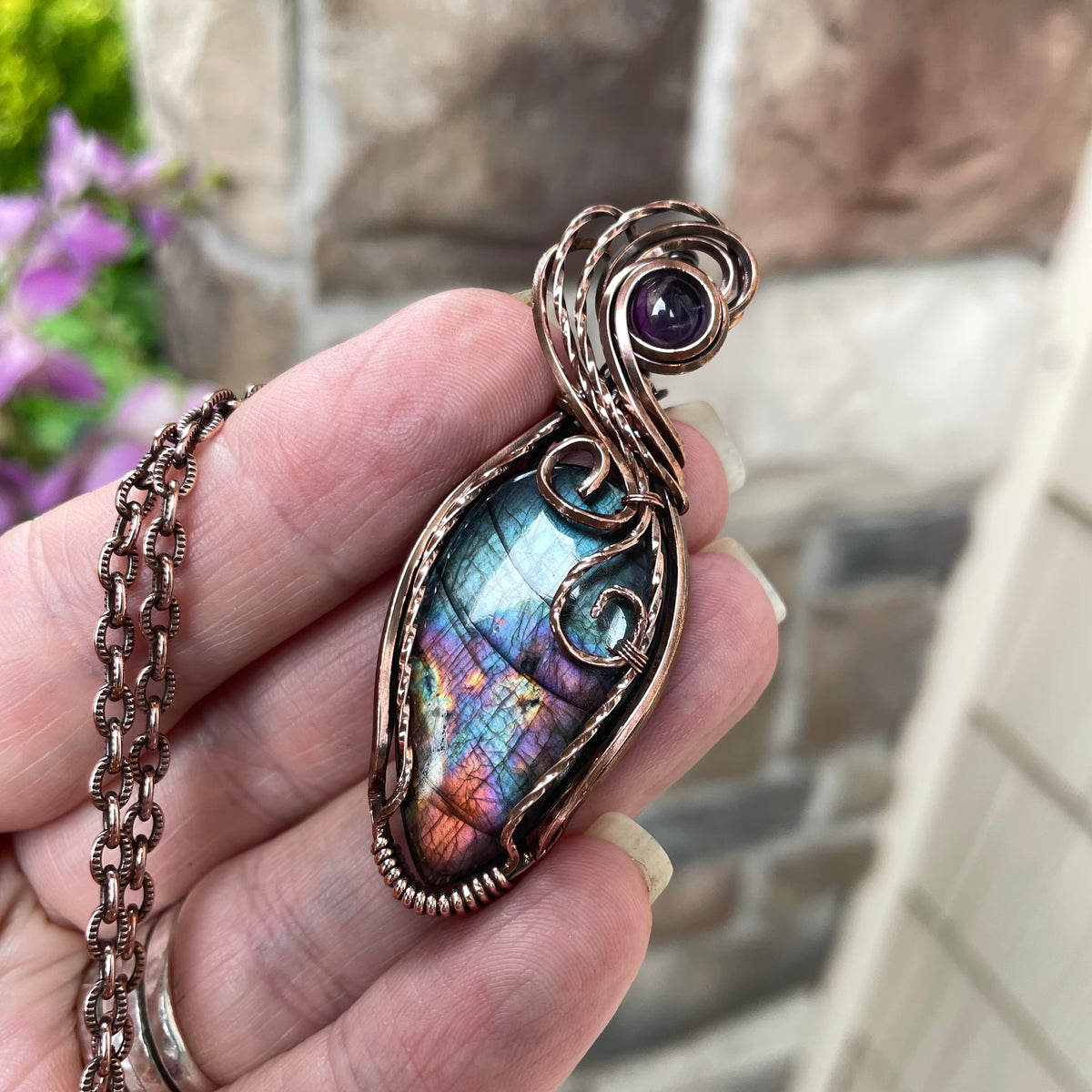 Teal Rainbow Labradorite & Amethyst Swirly Copper Pendant