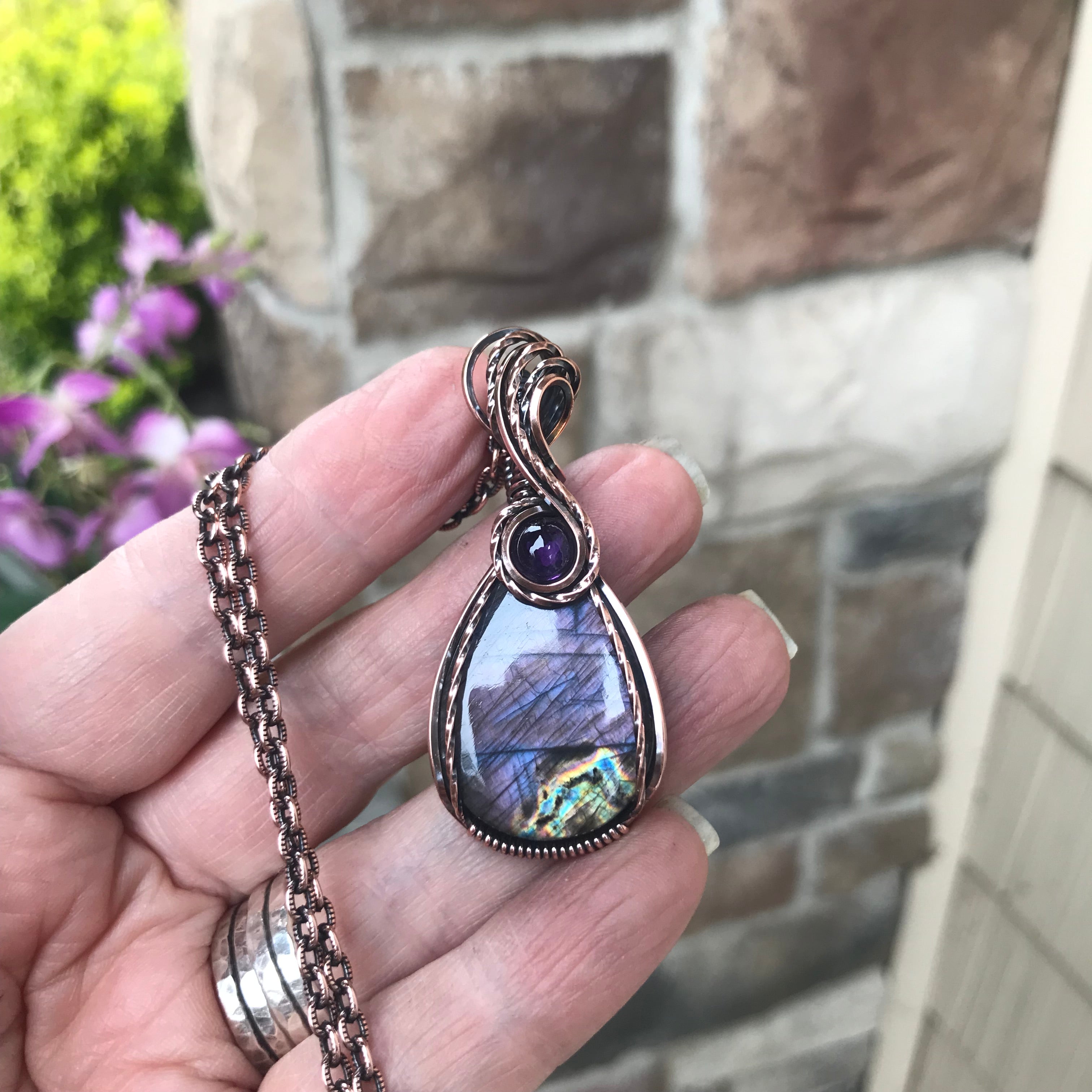 Purple Labradorite & Amethyst Teardrop Copper Pendant