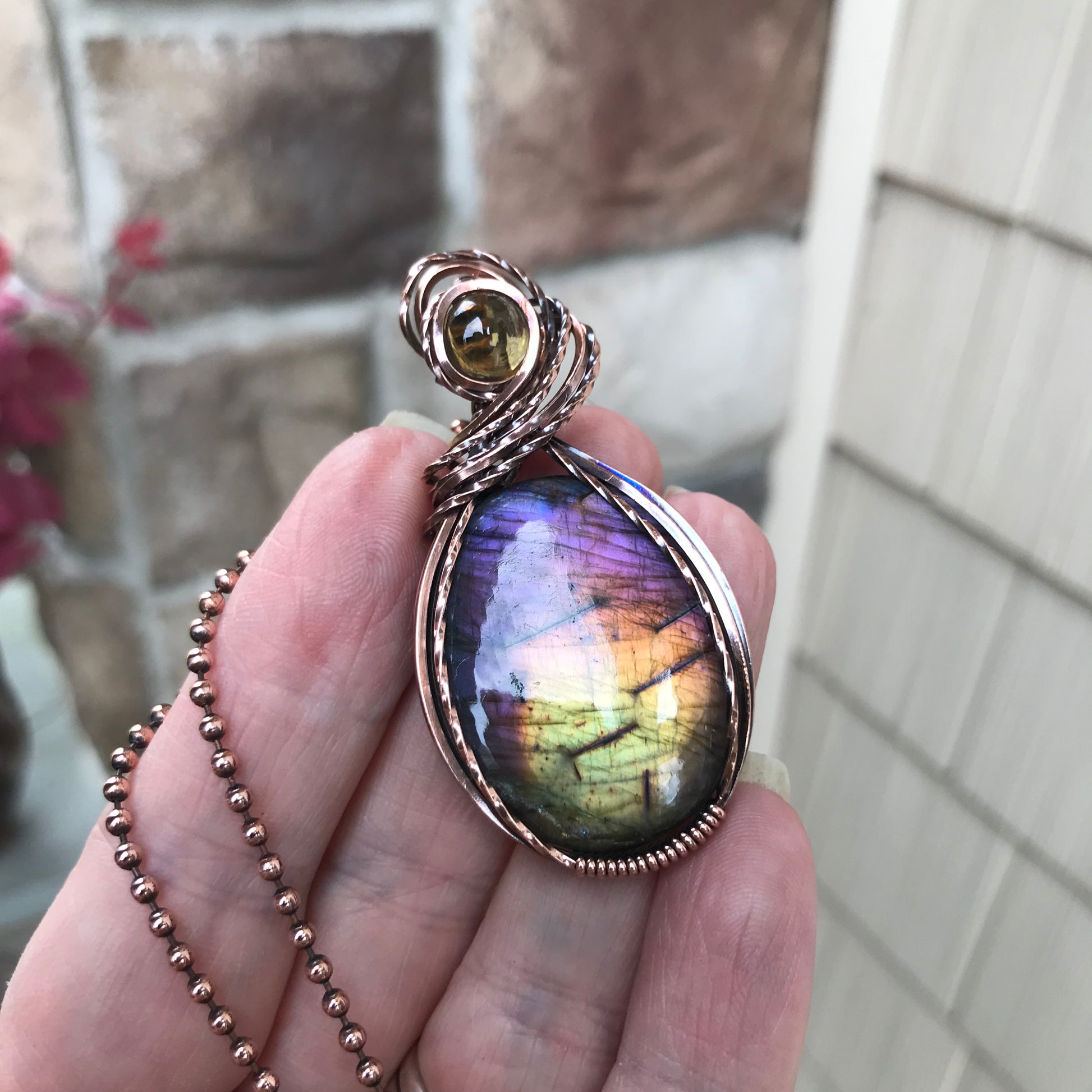 Rainbow Labradorite & Citrine Oval Copper Pendant