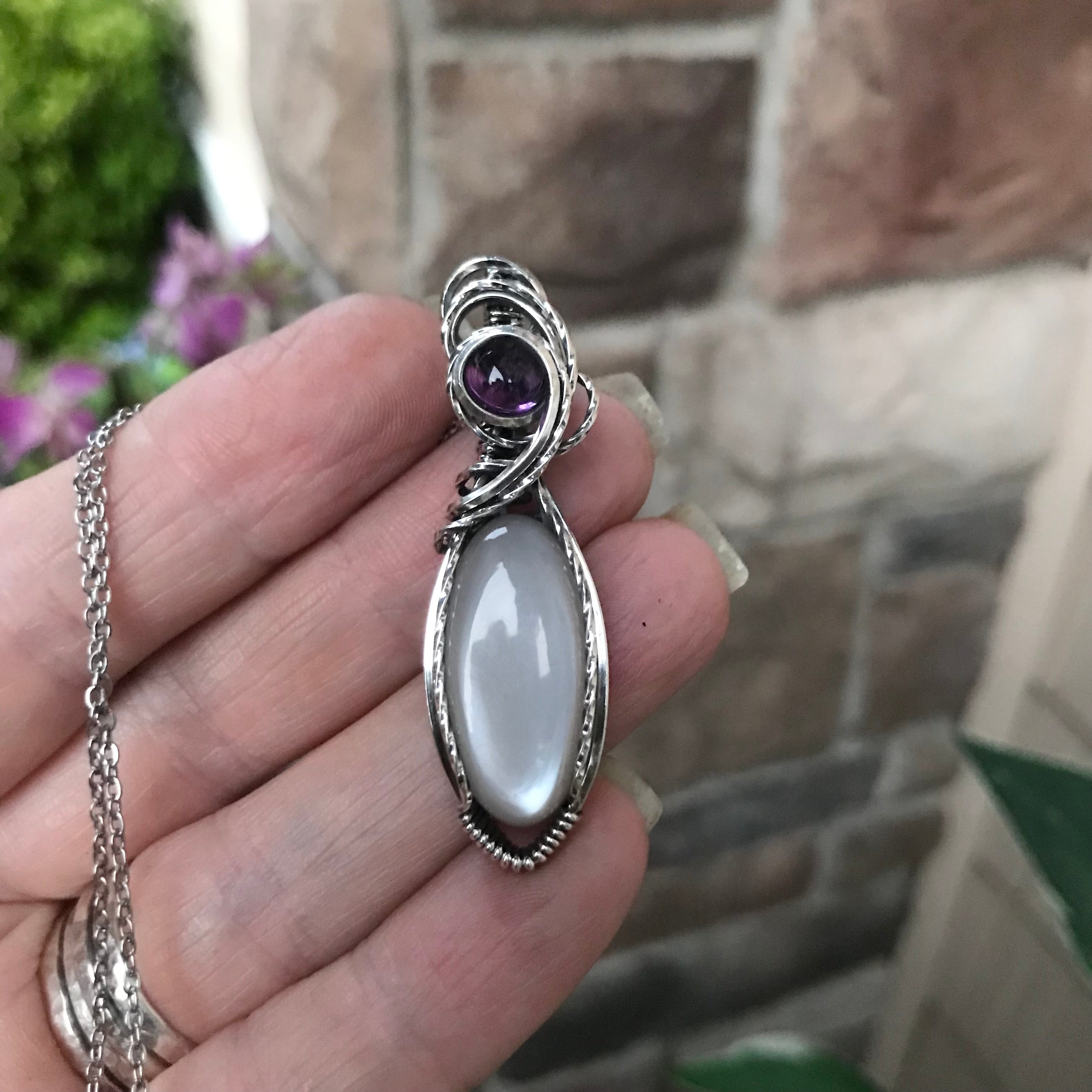 Light Gray Moonstone & Amethyst Sterling Silver Pendant