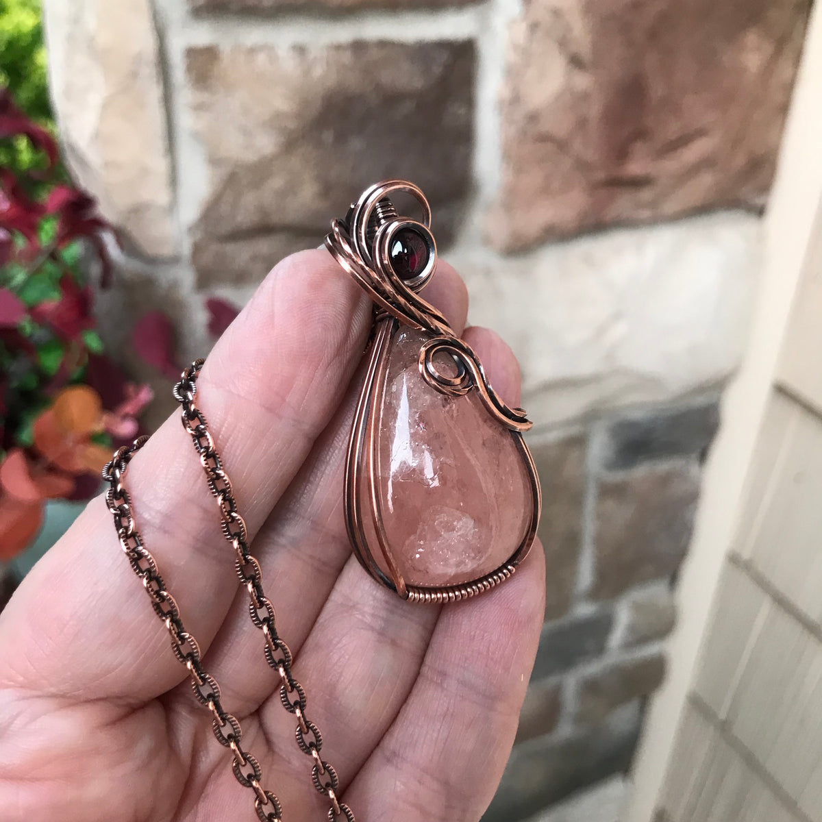 Morganite & Garnet Copper Swirly Necklace