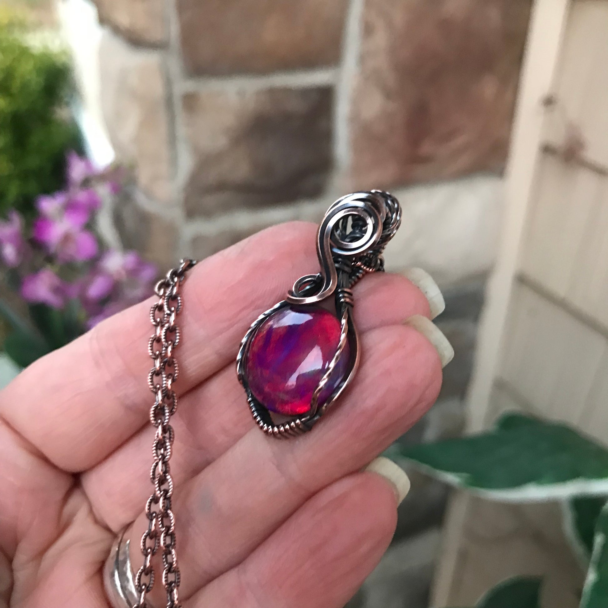 Aurora Opal Magenta Purple Round Copper Pendant