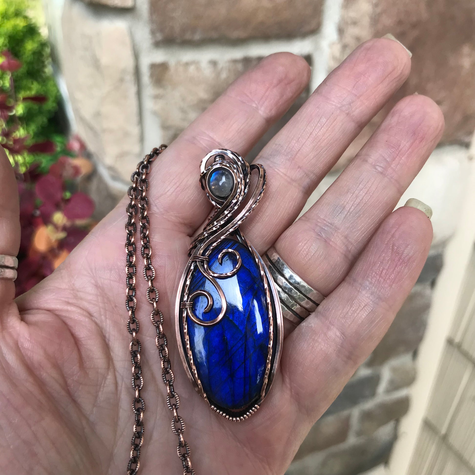 Electric Blue Labradorite Swirly Oval Copper Pendant